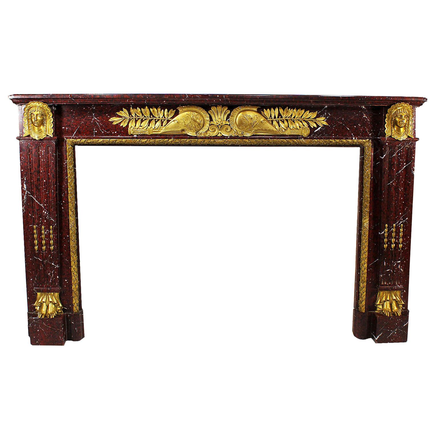 French Napoleon III Carved Griotte Marble and Ormolu Mounted Fireplace Mantel For Sale