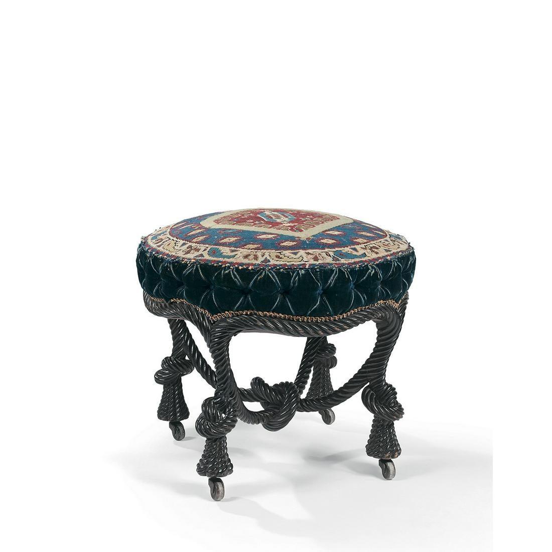 Blackened French Napoléon III Carved Rope Stool Attributed to A.M.E Fournier, circa 1875