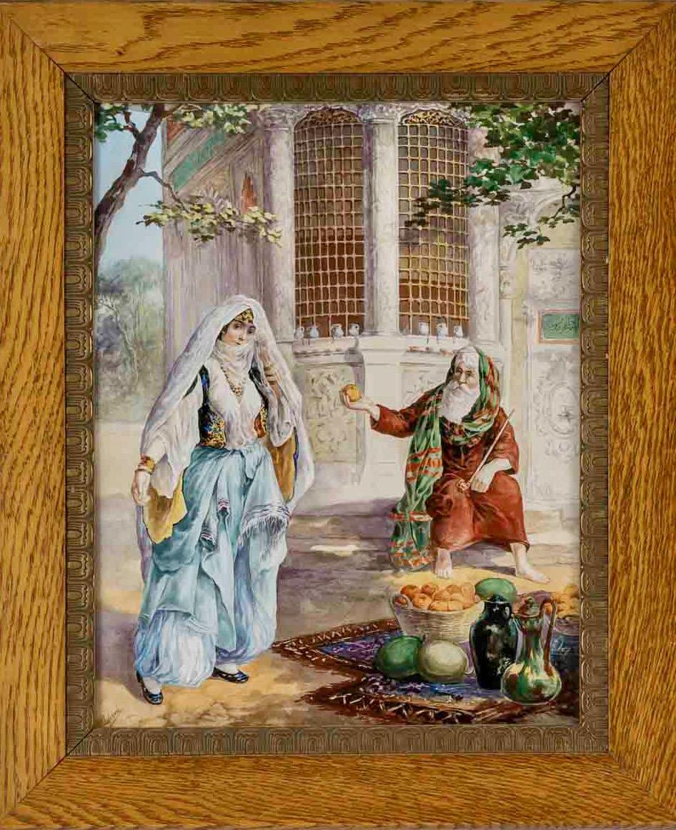 A French Napoléon III Large Pair of very decorative hand-painted polychromed Porcelain Plaques with Orientalist scenes, with traditional costumed characters.
In the manner of Rudolf Ernst (1854-1932), the famous Orientalist painter:
One Representing