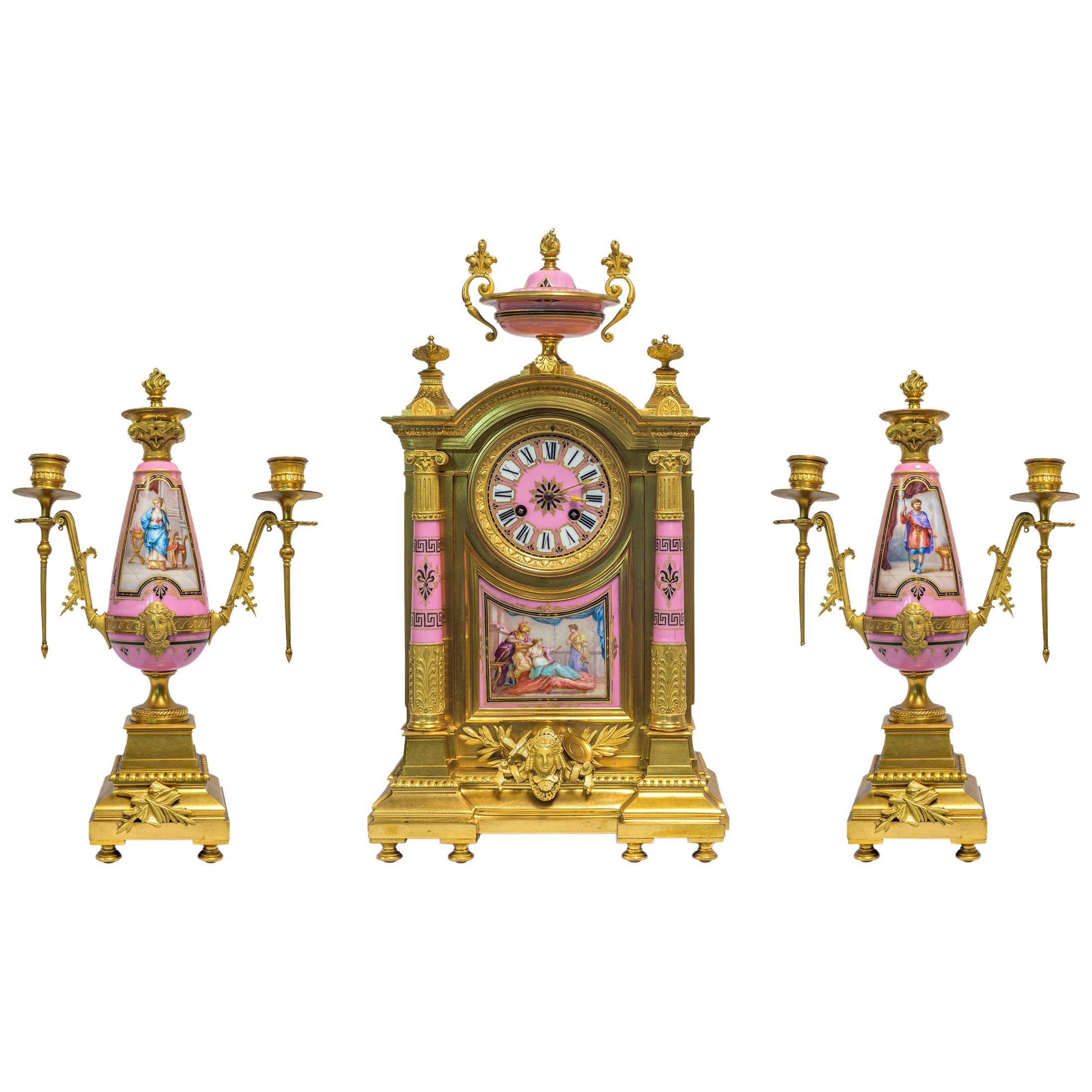 French Napoleon III Ormolu Pink Porcelain Clockset