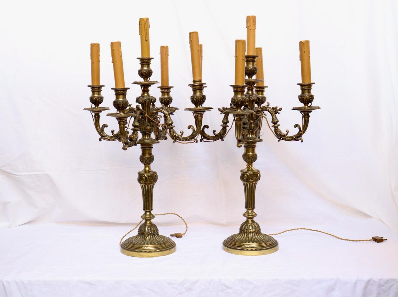 A French Napoléon III pair of gilt bronze five-lights candelabras 
Louis XVI style
Circa 1880.

   