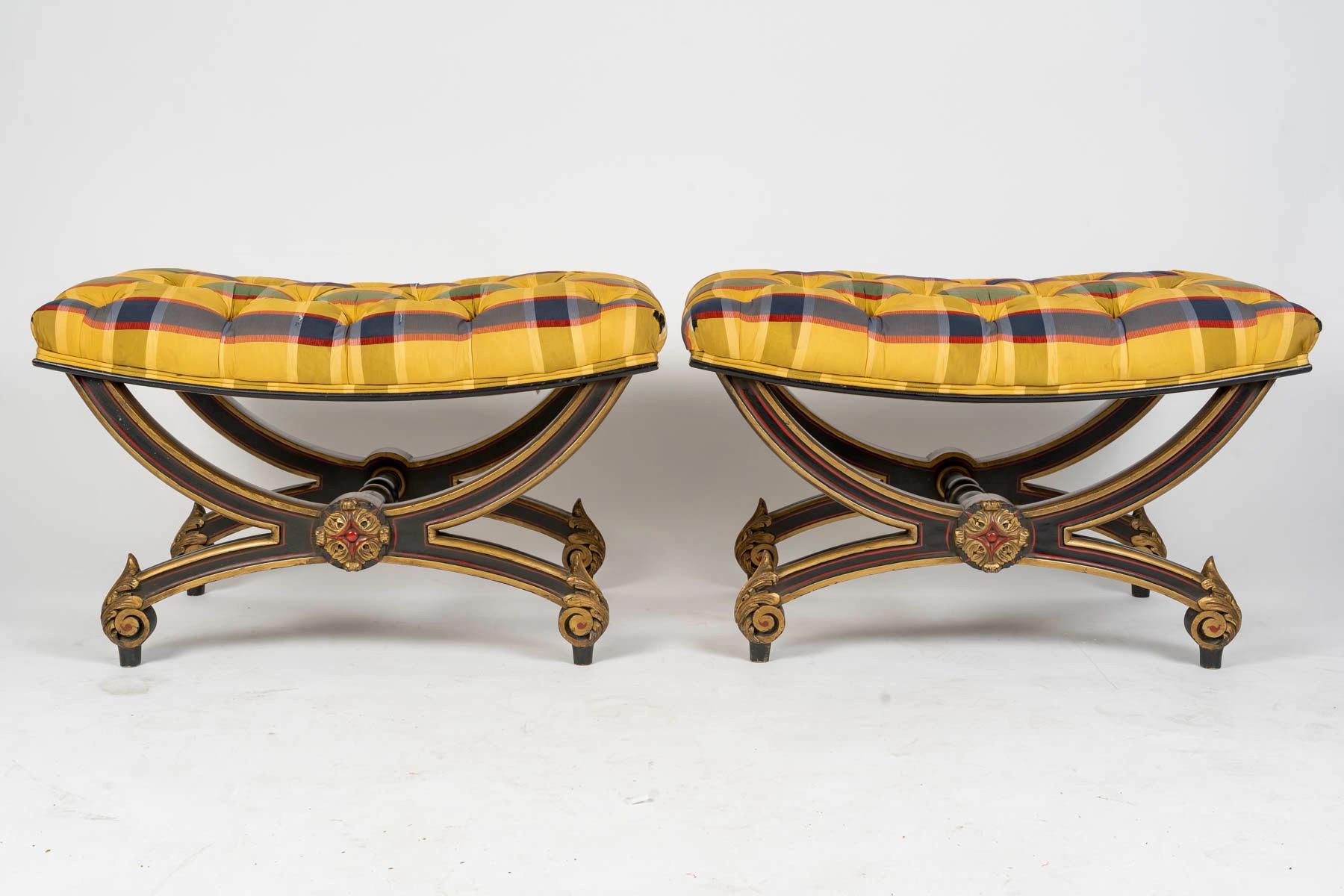 Gilt A French Napoleon III Pair of Louis XVI Style Curule Stools, circa 1900 For Sale