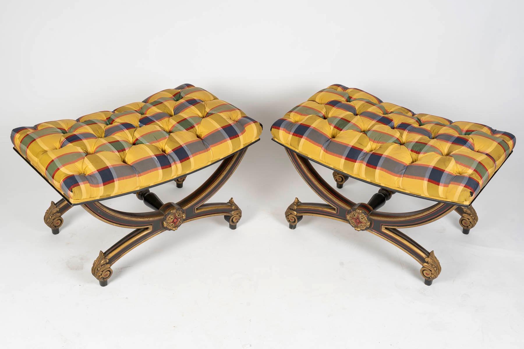 A French Napoleon III Pair of Louis XVI Style Curule Stools, circa 1900 In Good Condition For Sale In Saint-Ouen, FR