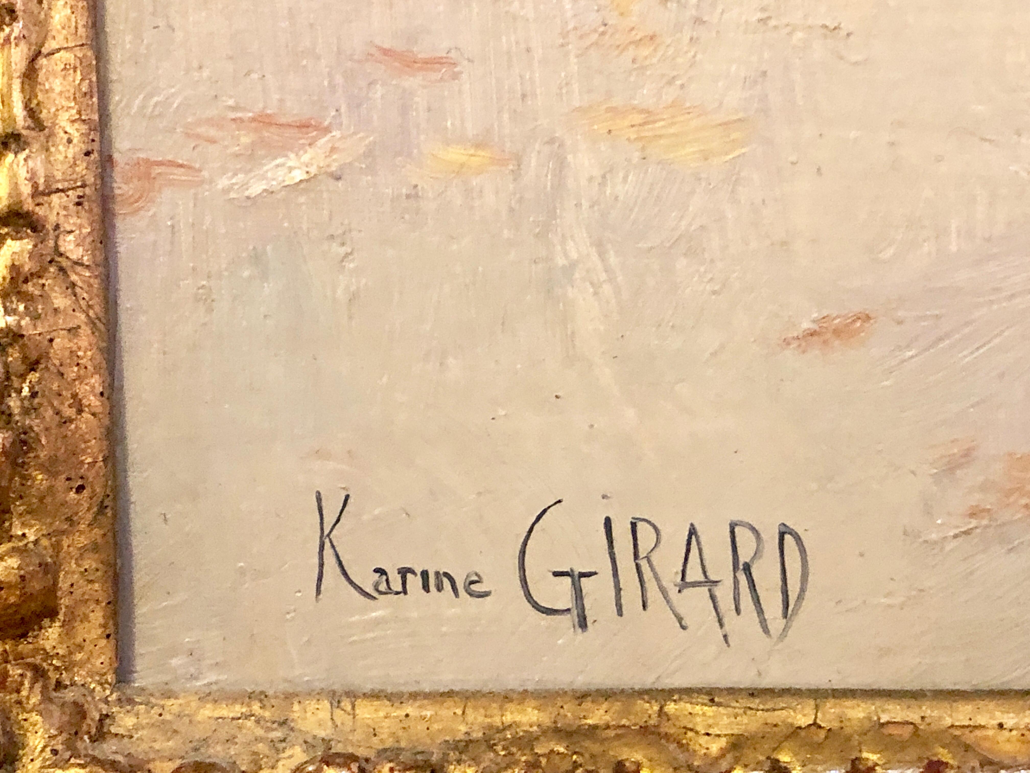 A French oil on canvas by Karine Girard (French 1965) or a young woman of sophistication on a Paris Street in a wonderfully carved git wood frame. Signed lower left. 

20th century.