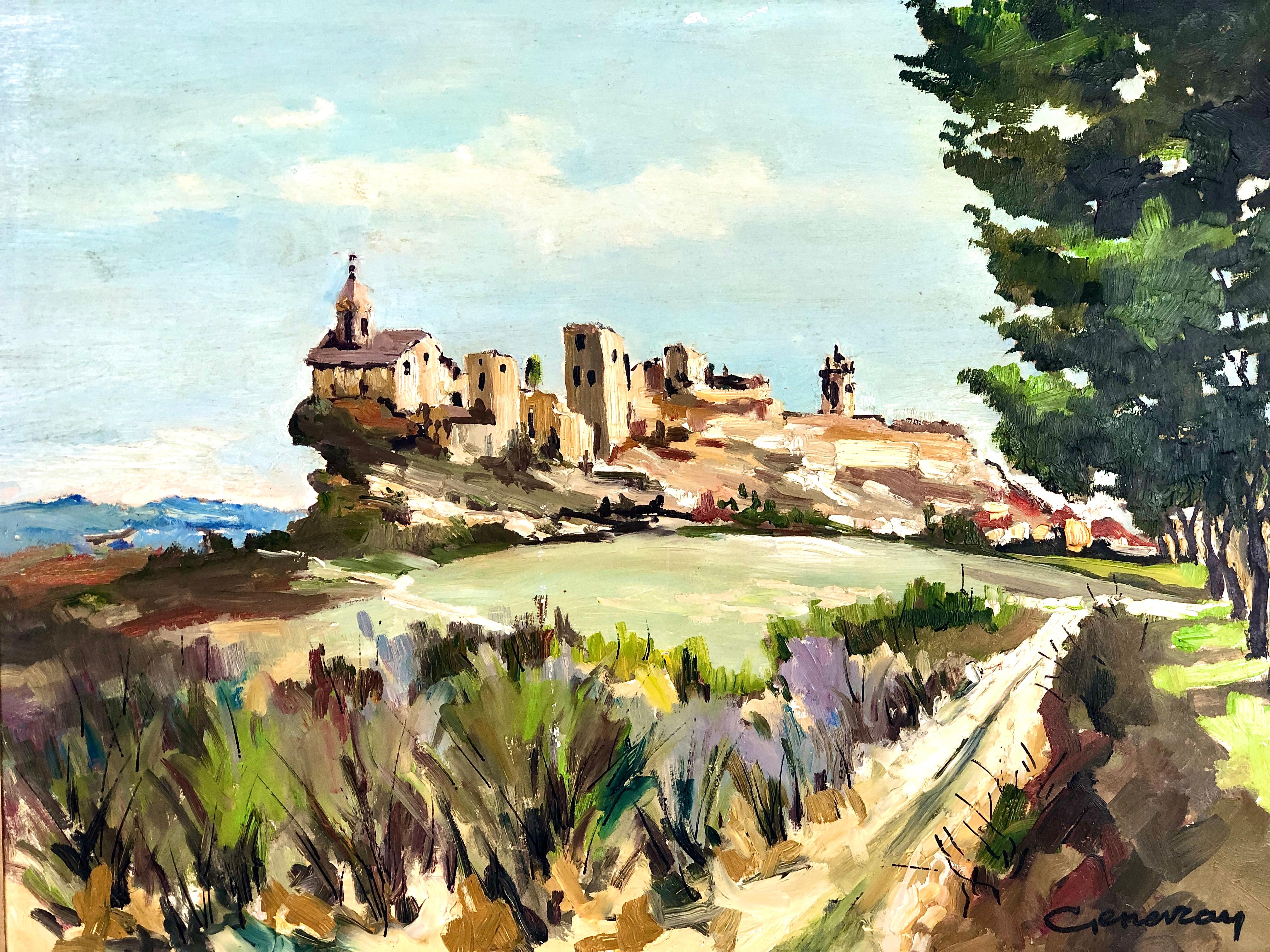 Öl auf Leinwand eines alten Dorfes in der Provence, signiert in der unteren rechten Ecke, von Louis Genevray, einem 1867 geborenen französischen Künstler. Auf der Rückseite des Gemäldes befindet sich ebenfalls eine Signatur.