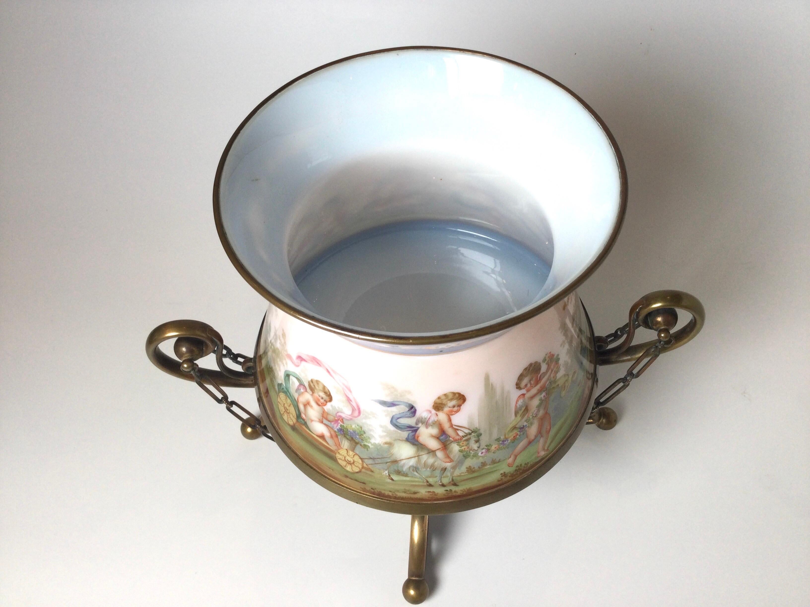 Aesthetic Movement French Opaline Hand Painted Bronze Mounted Center Bowl 19th Century For Sale