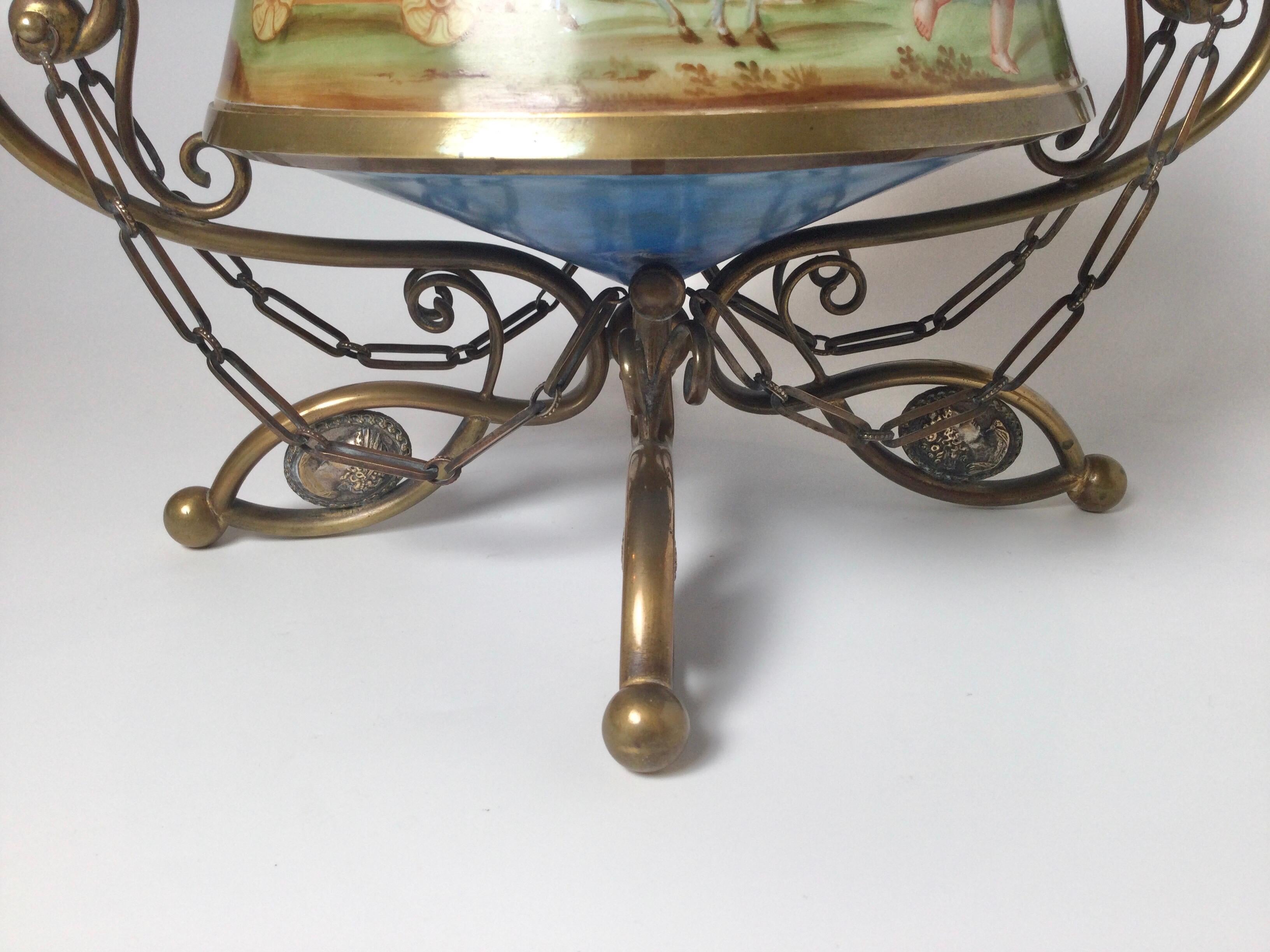 French Opaline Hand Painted Bronze Mounted Center Bowl 19th Century In Good Condition For Sale In Lambertville, NJ