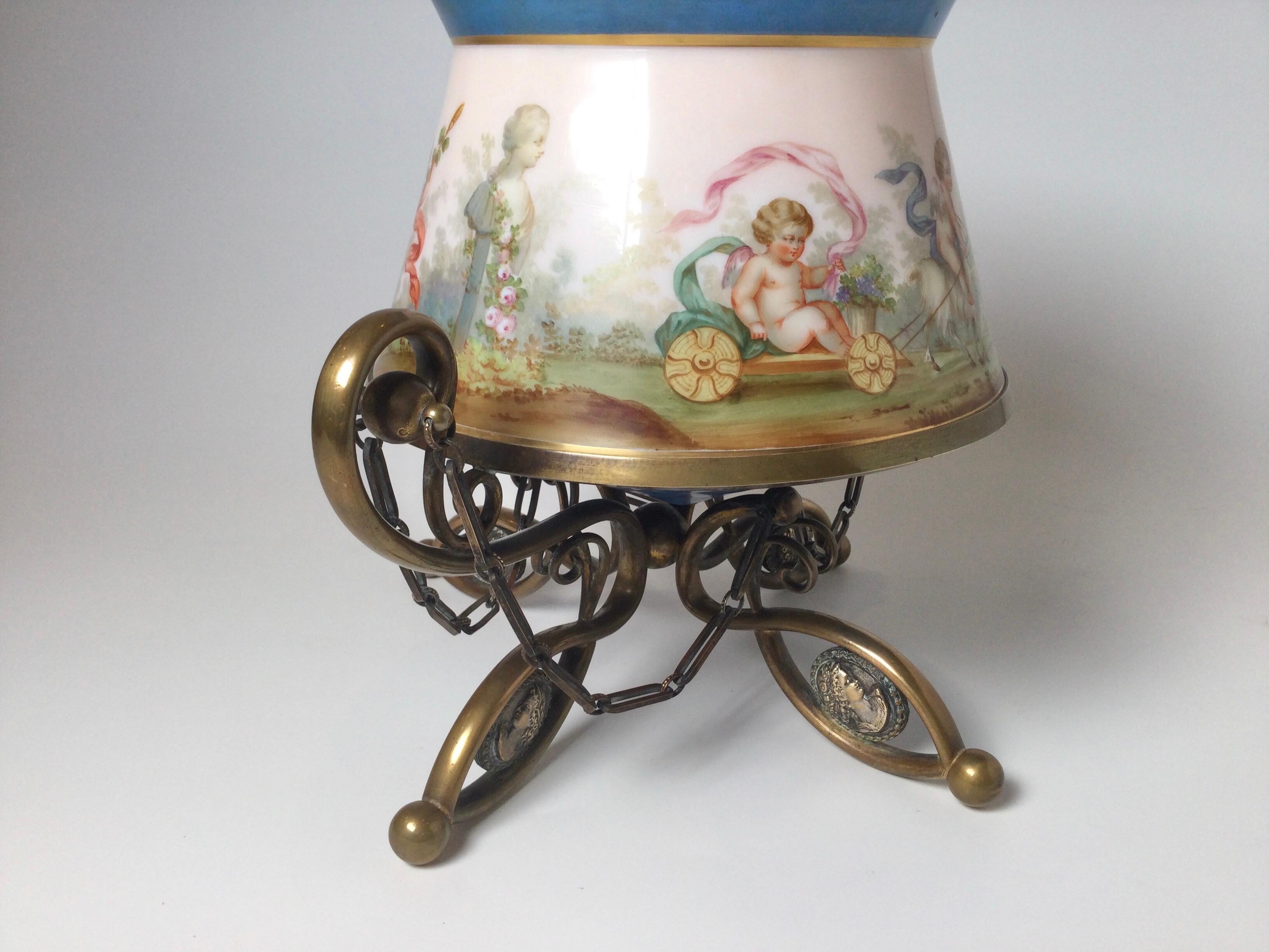 French Opaline Hand Painted Bronze Mounted Center Bowl 19th Century For Sale 1