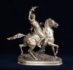 French Orientalist Silvered Bronze Group of "The Falconer", P.J. Mene 19th C.