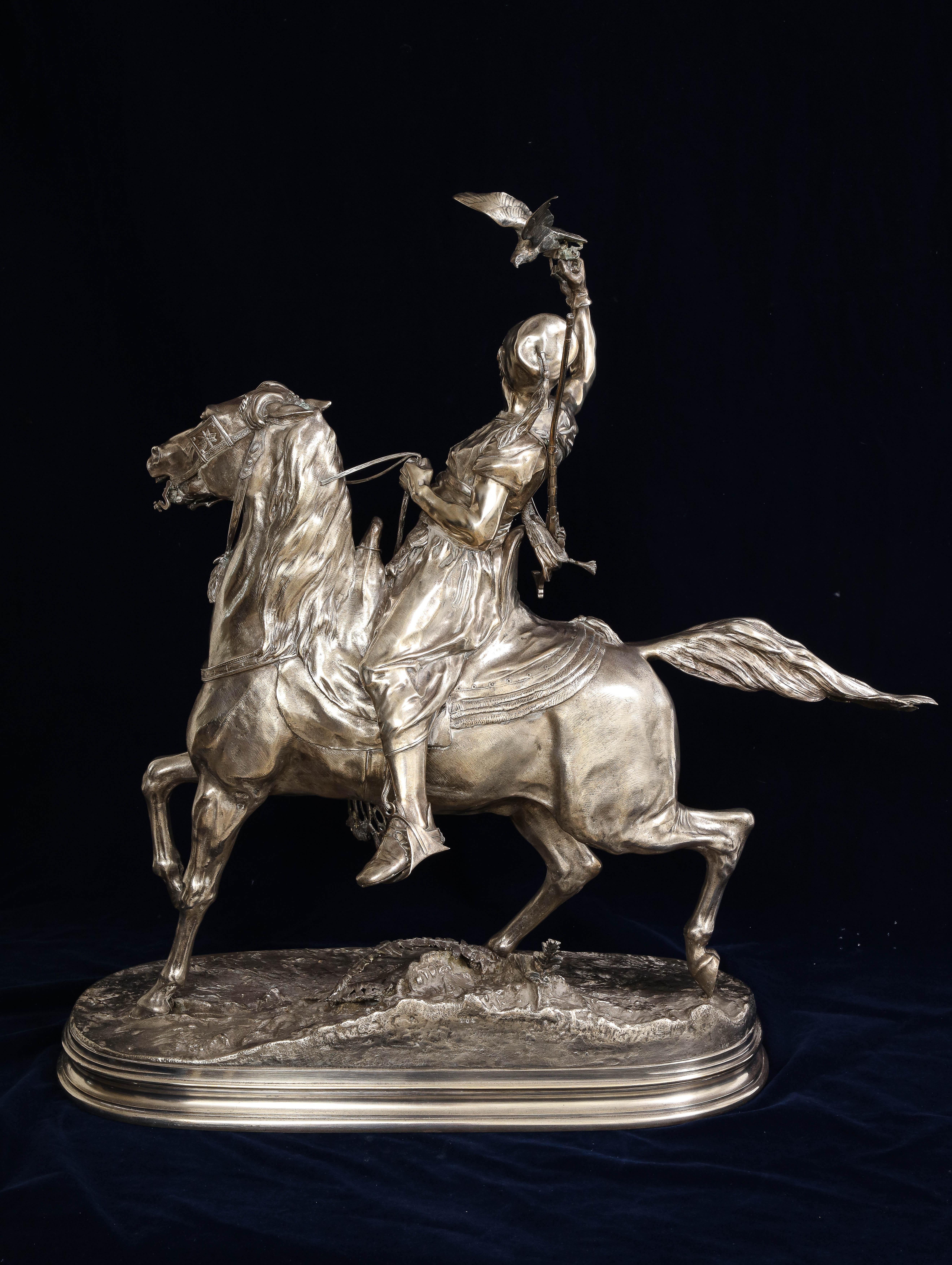 Groupe de « Le fauconnier » en bronze argenté de style orientaliste français, P.J. Mene 19ème C. Bon état - En vente à New York, NY