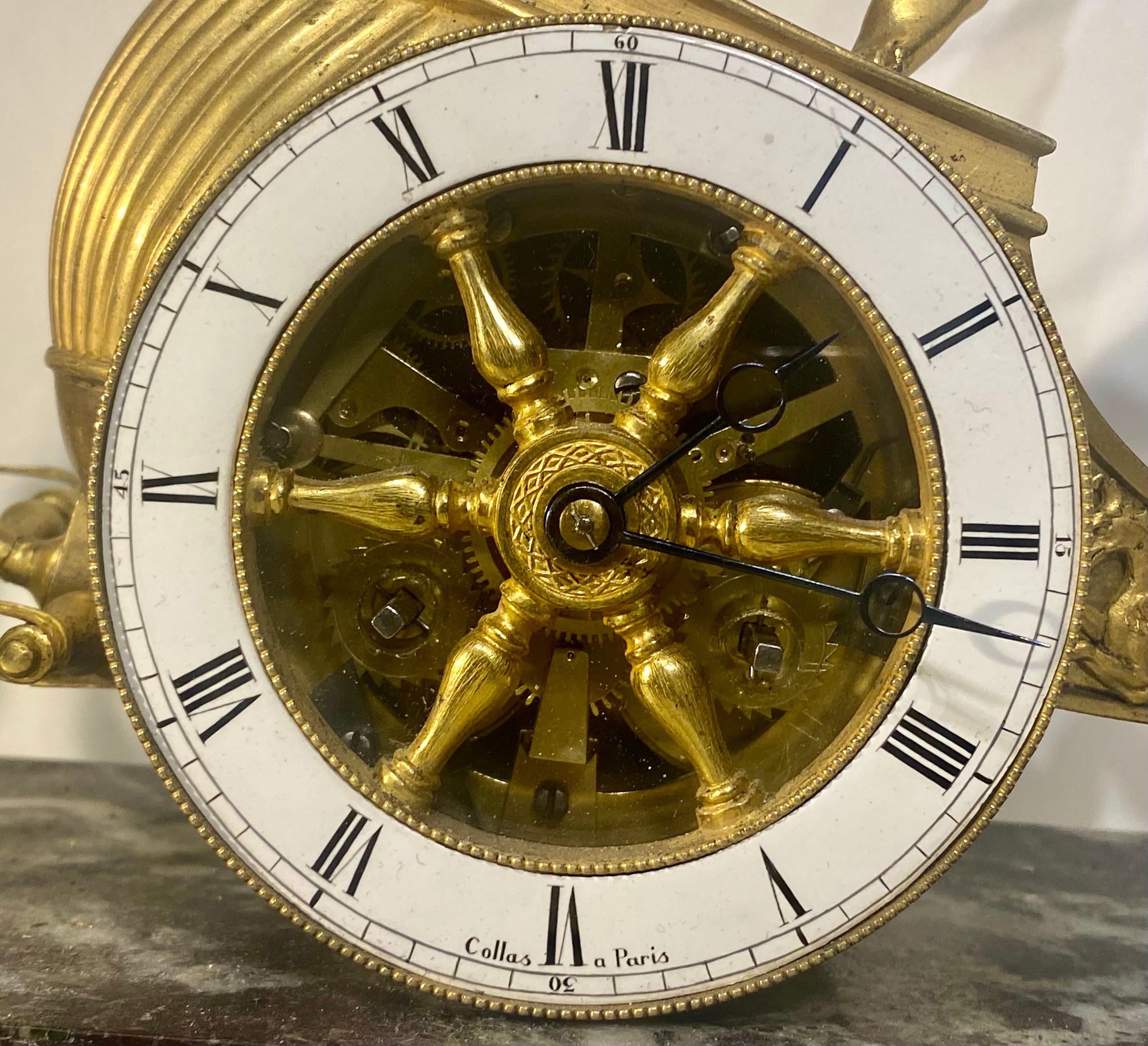 Antique French Napoleon III chariot clock in ormolu & Verde Antico marble  In Excellent Condition For Sale In London, GB