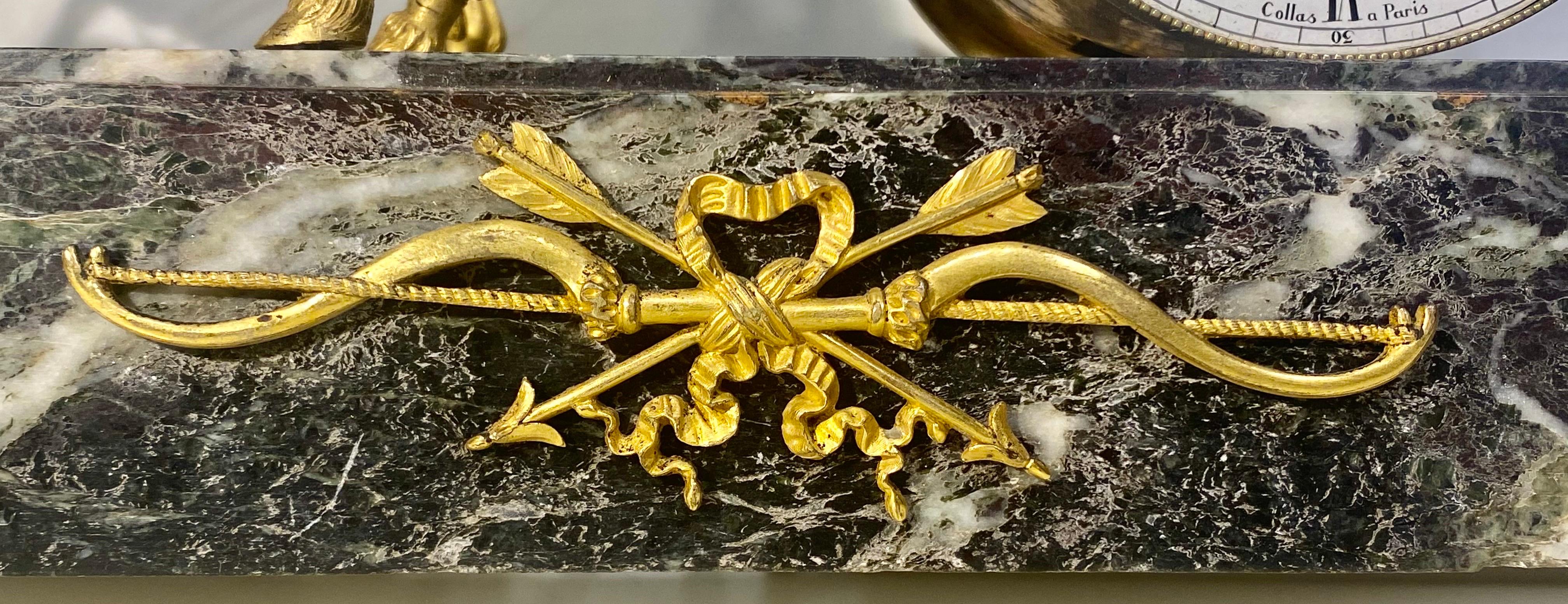 Antique French Napoleon III chariot clock in ormolu & Verde Antico marble 1