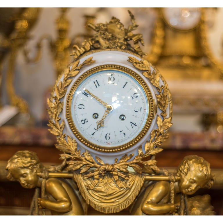 French Ormolu and White Marble Three-Piece Clock Set For Sale at 1stDibs