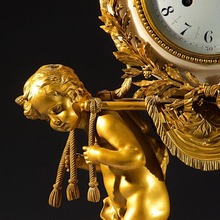 French Ormolu and White Marble Three-Piece Clock Set For Sale at 1stDibs