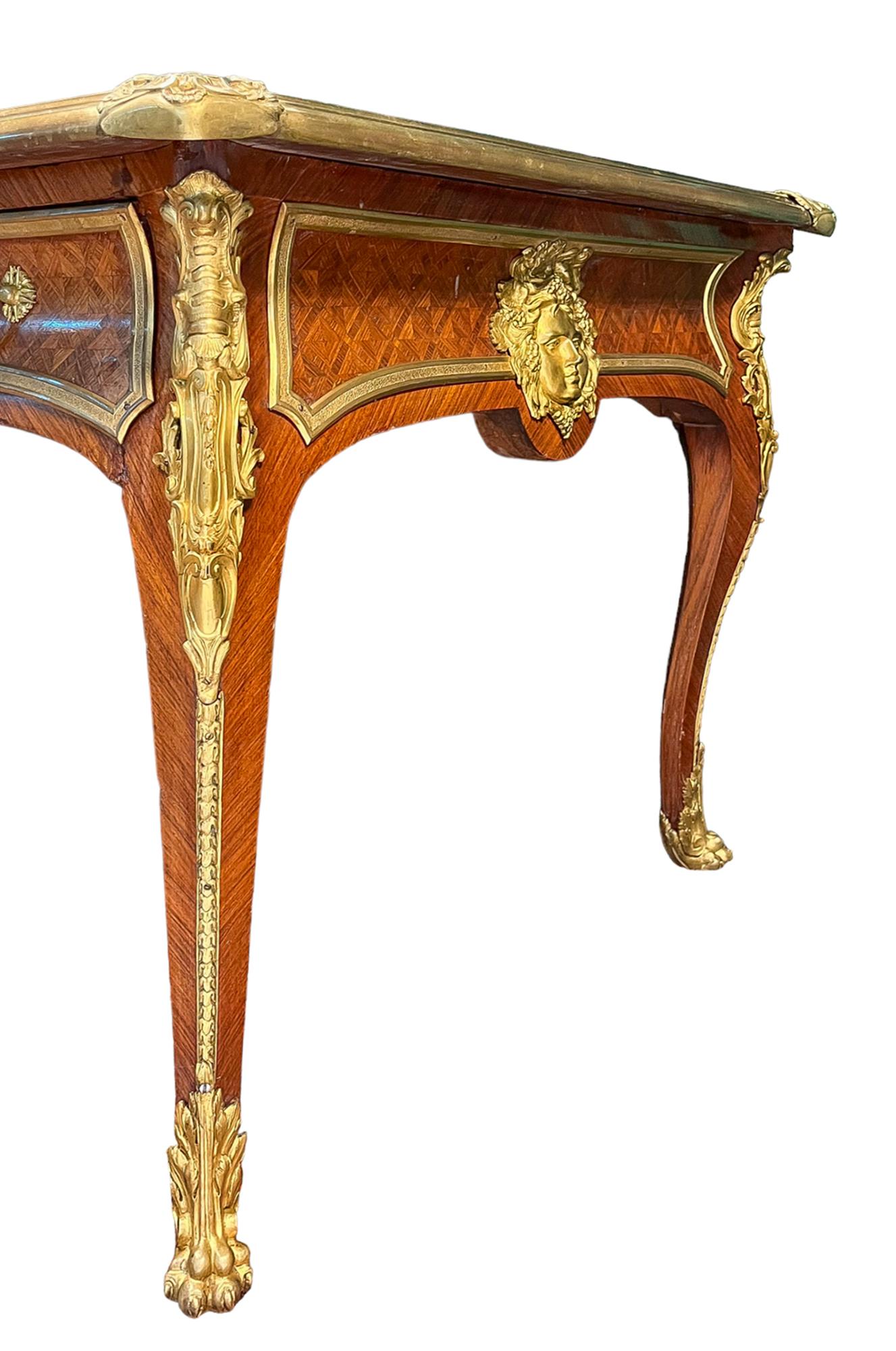 French Ormolu Mounted Bacchus Desk with Bureau Parquetry All in Tulipwood For Sale 4