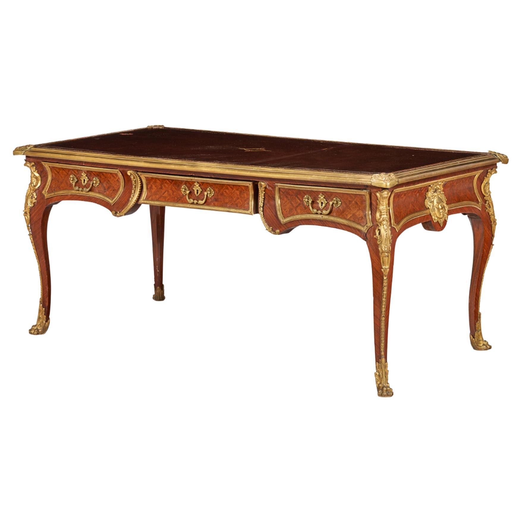 French Ormolu Mounted Bacchus Desk with Bureau Parquetry All in Tulipwood
