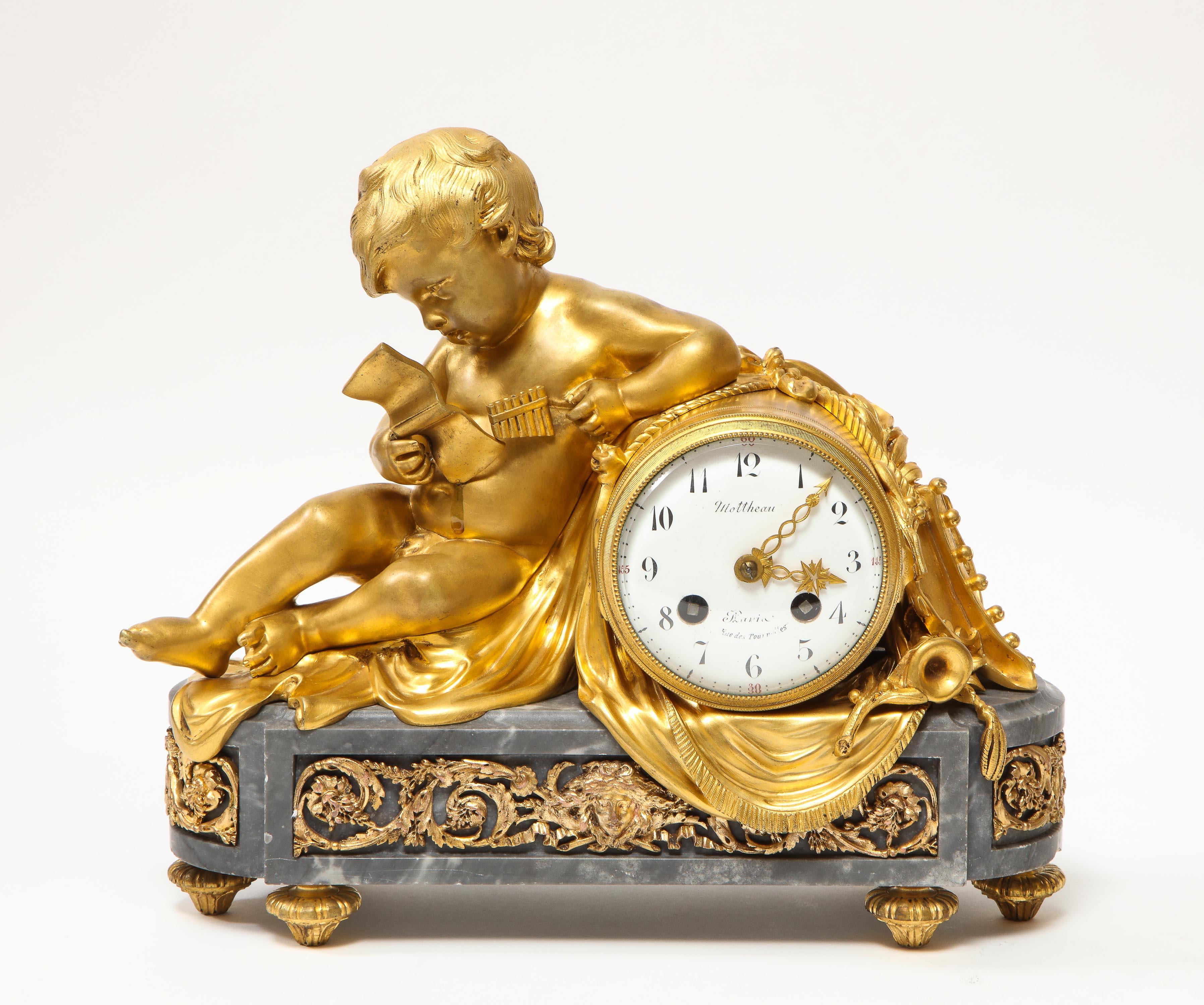 A French ormolu-mounted Bleu Turquin marble figural clock by Maison Mottheau Paris, circa 1880.

A very nice clock, with very good quality mounts, depicting a seated putti with musical instrument, on a bleu turquin marble base with bronze scrolls