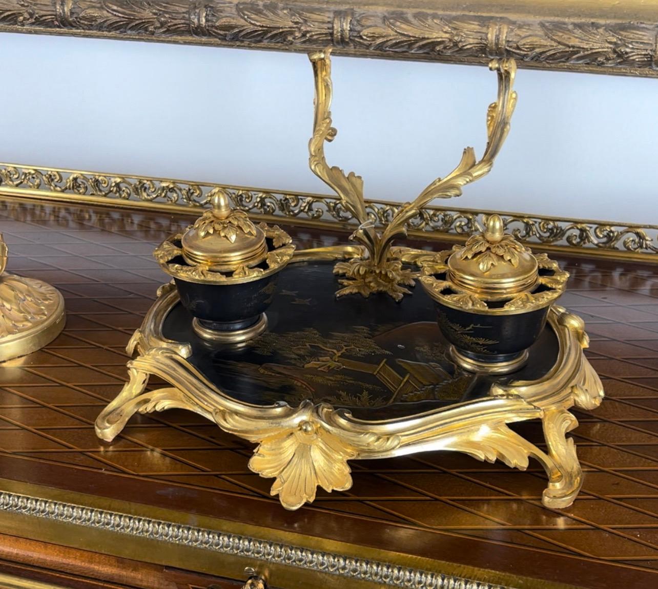 Japonisme French Ormolu Mounted Japanese Lacquer Inkwell, Attributed, Maison Millet For Sale