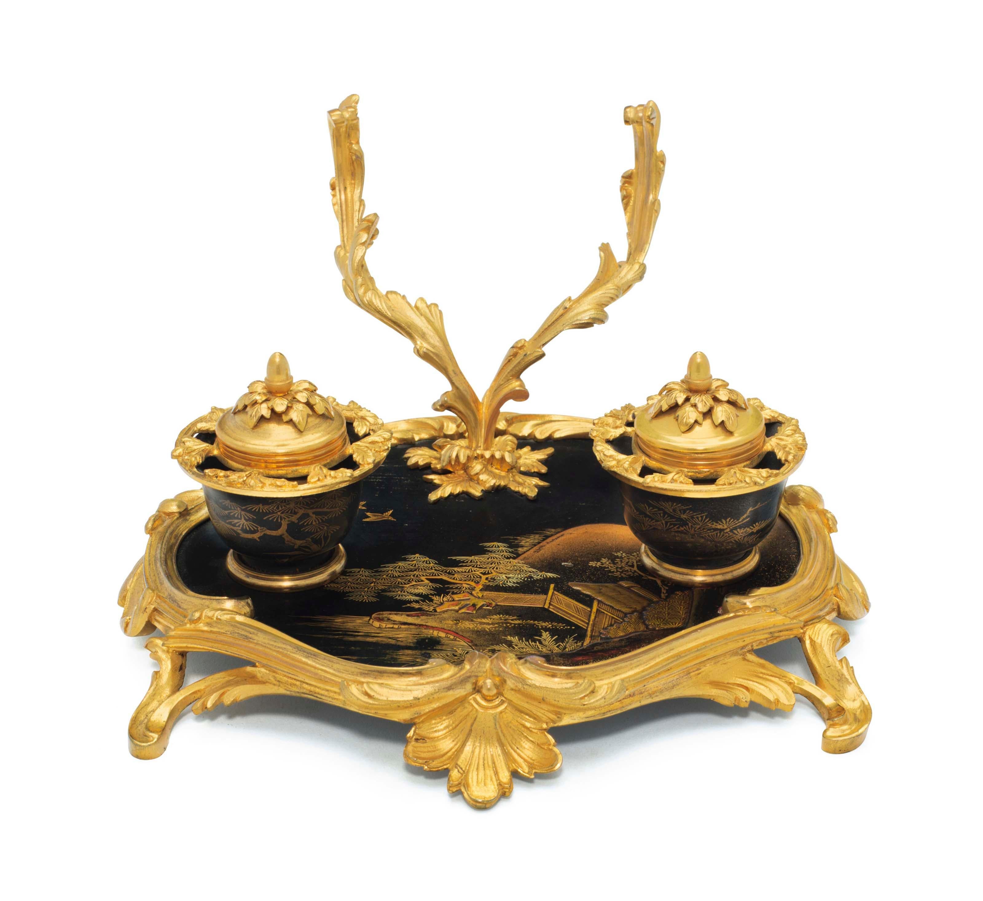 Cast French Ormolu Mounted Japanese Lacquer Inkwell, Attributed, Maison Millet For Sale