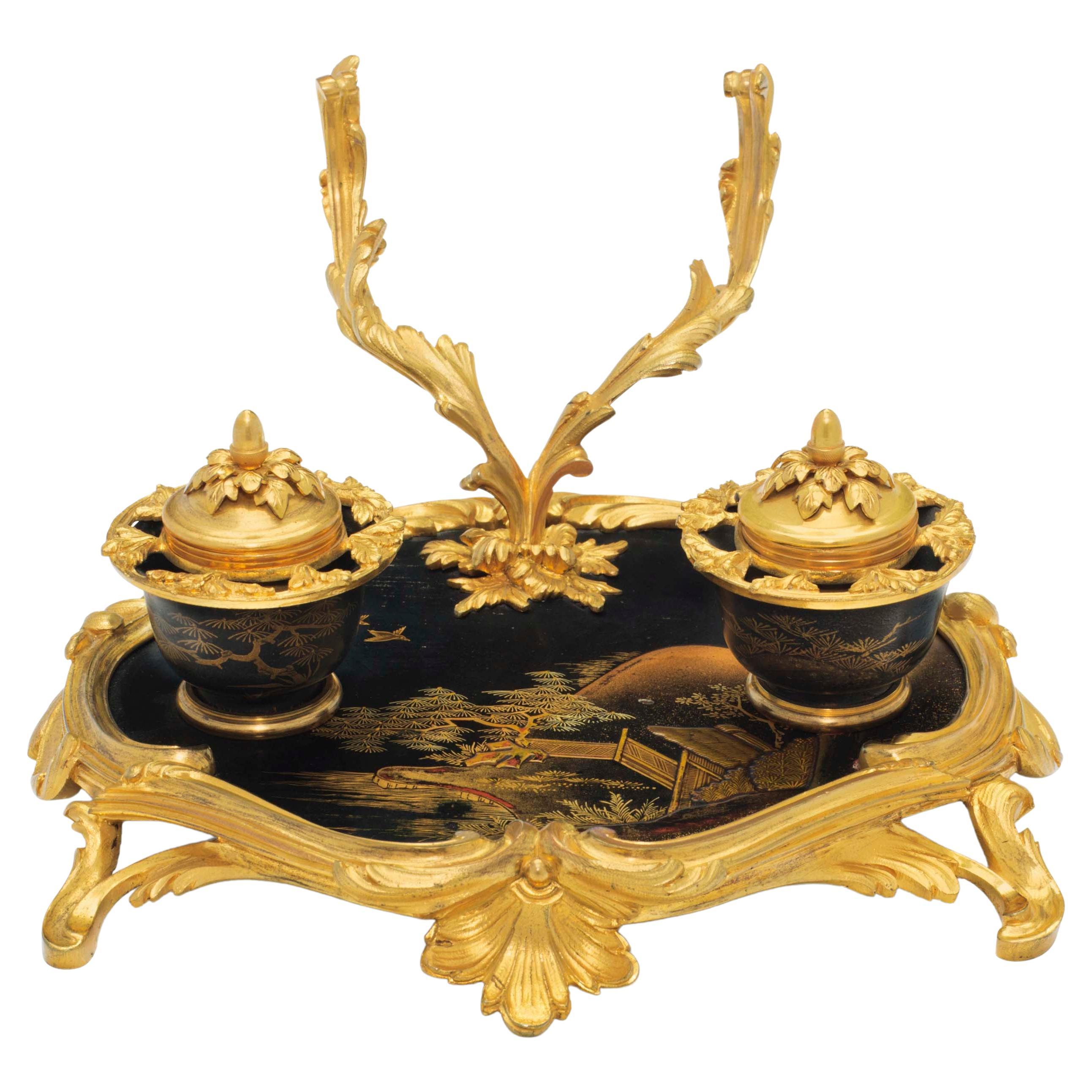 French Ormolu Mounted Japanese Lacquer Inkwell, Attributed, Maison Millet  For Sale at 1stDibs