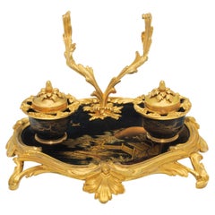 French Ormolu Mounted Japanese Lacquer Inkwell, Attributed, Maison Millet