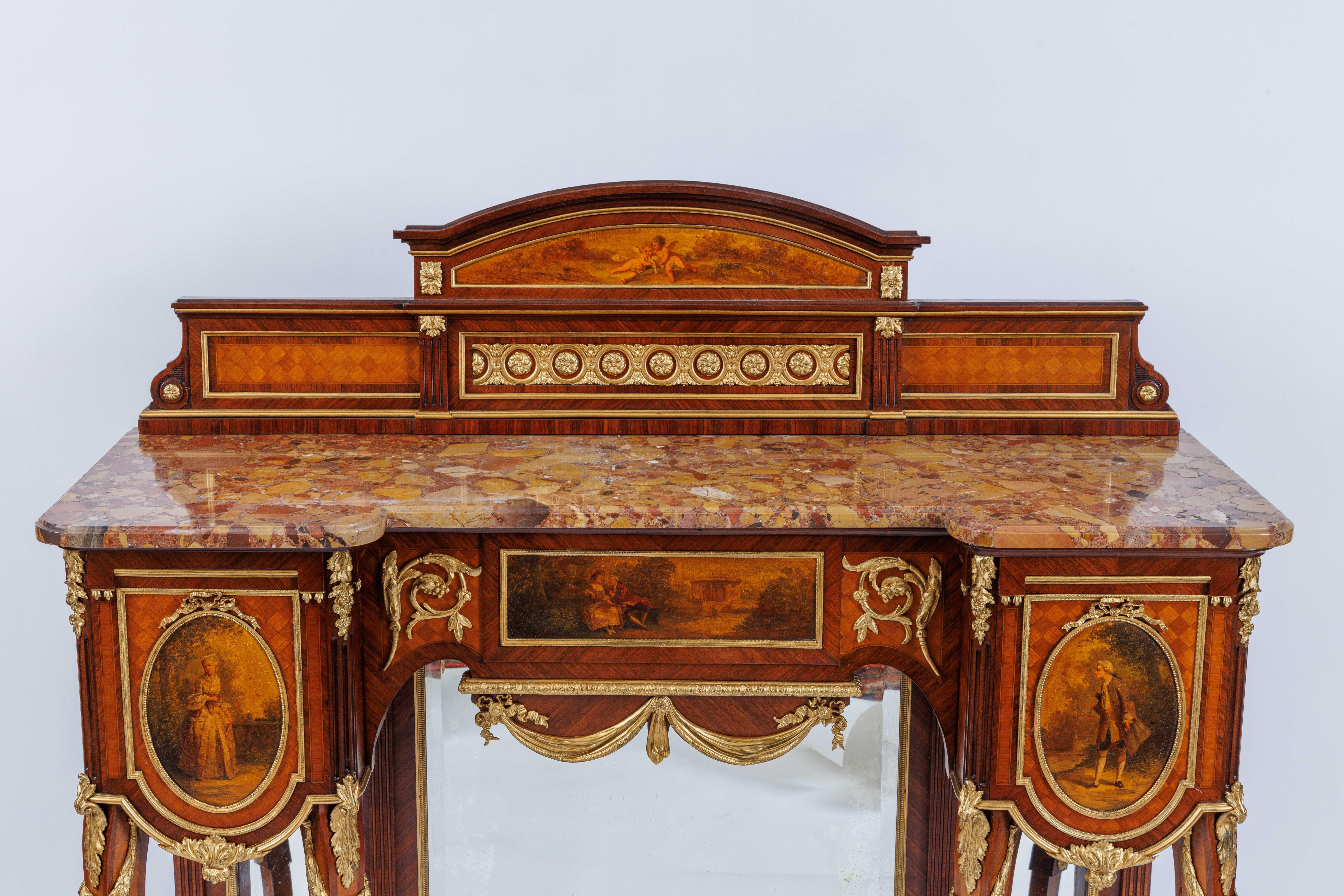 A French Ormolu-Mounted Kingwood and Vernis Martin Marble Top Console Table / Buffet, circa 1880, attributed to Henry Dasson.

Crafted from rich Kingwood in the 19th century, this console table features parquetry detailing that adds a touch of