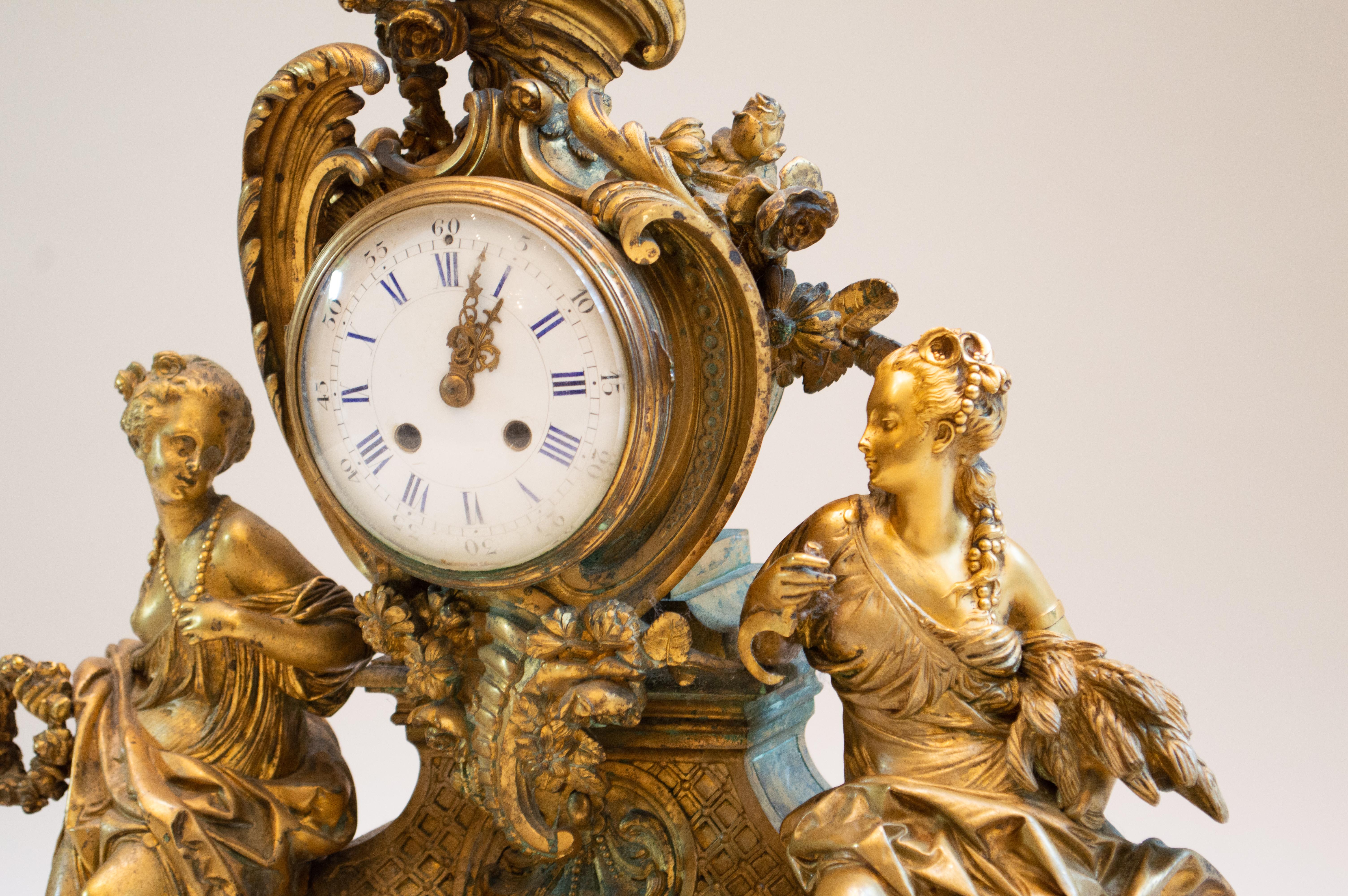 French ormulu mantle clock
Surmounted by a wreath-bearing putto, above laurel and acanthus branches, the cylindrical case with dial signed 'Gribelin / A Paris' and with twin-barrel movement, 
After the model by Edmé Jean Gallien, by Graux-marly