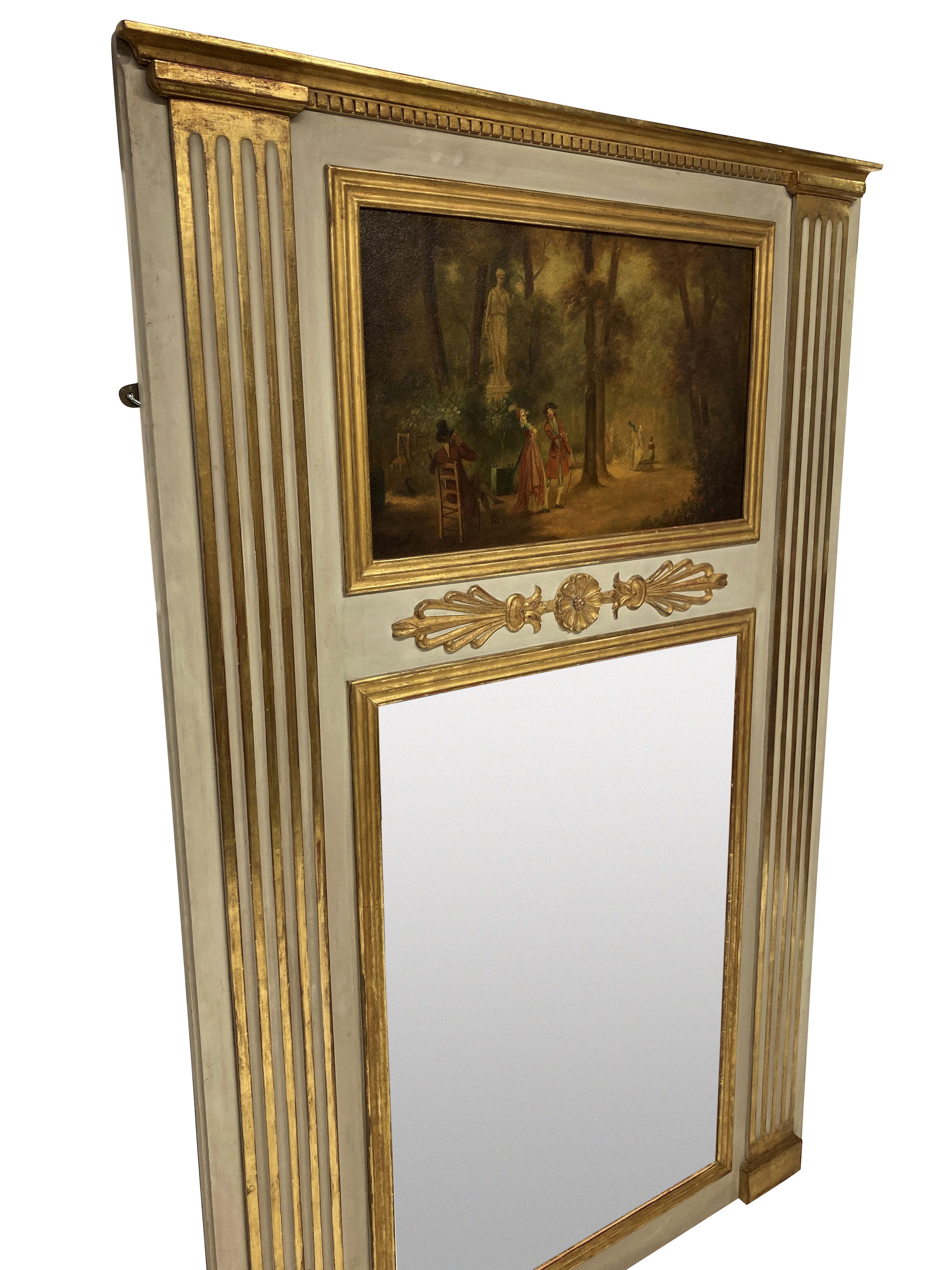 A French and gilded trumeau mirror, with putty colour paints, water gilding and an oil painting on panel depicting an XVIII century romantic woodland scene. Label verso.