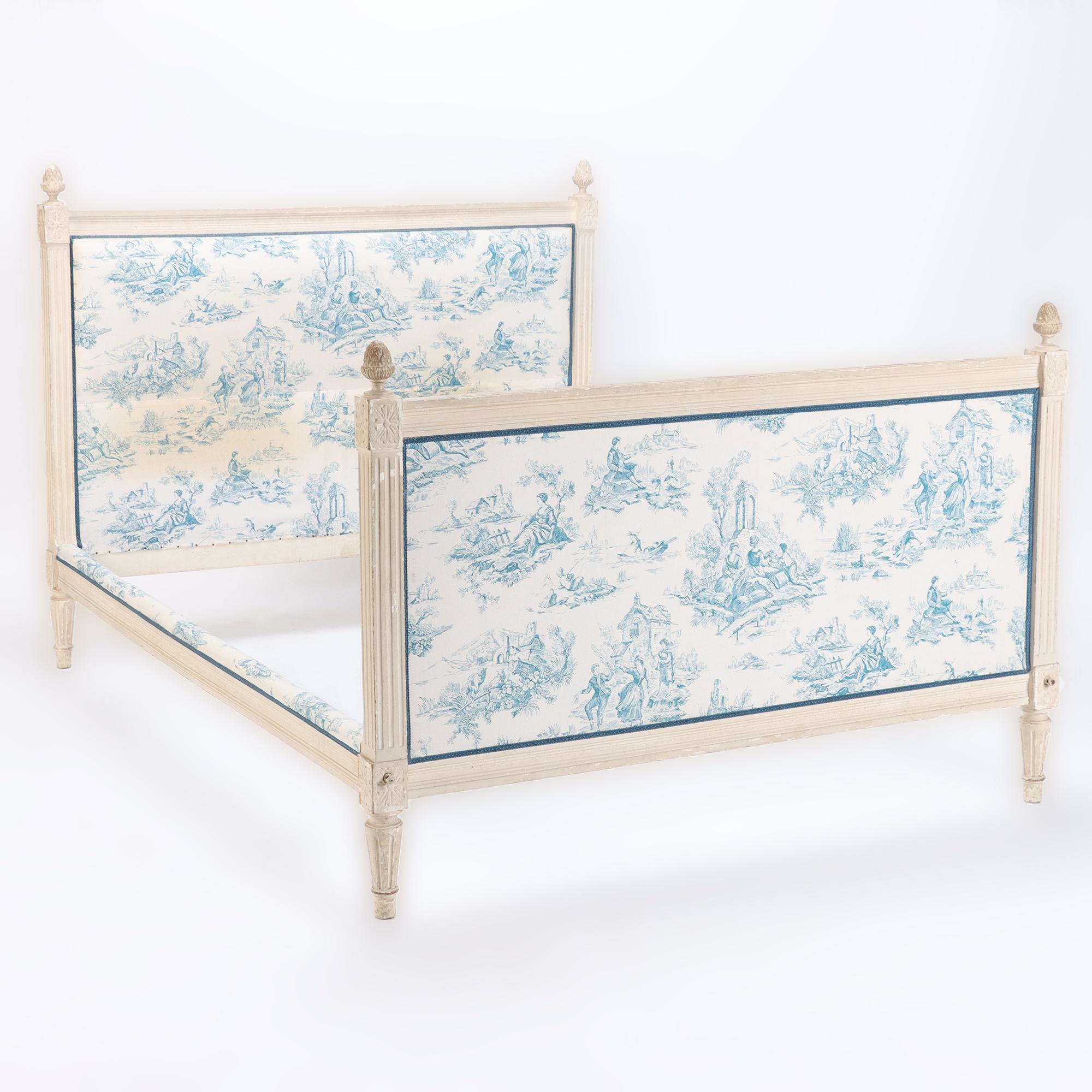 French Painted Louis XVI Style Full Size Bed with Toile Fabric, circa 1940 5