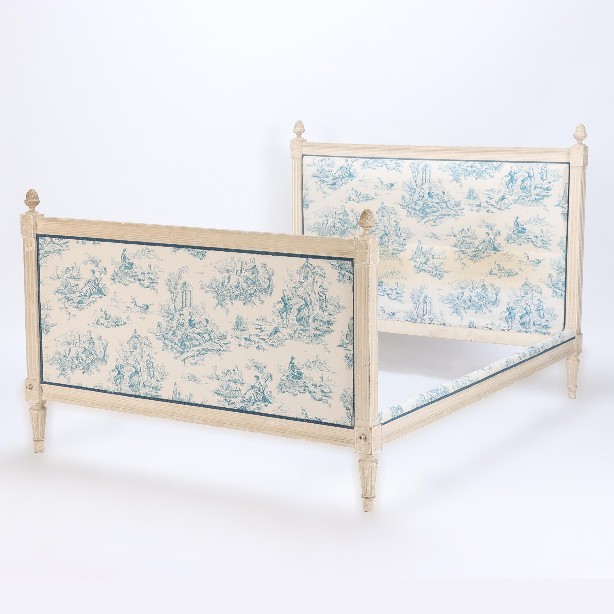 French Painted Louis XVI Style Full Size Bed with Toile Fabric, circa 1940 6