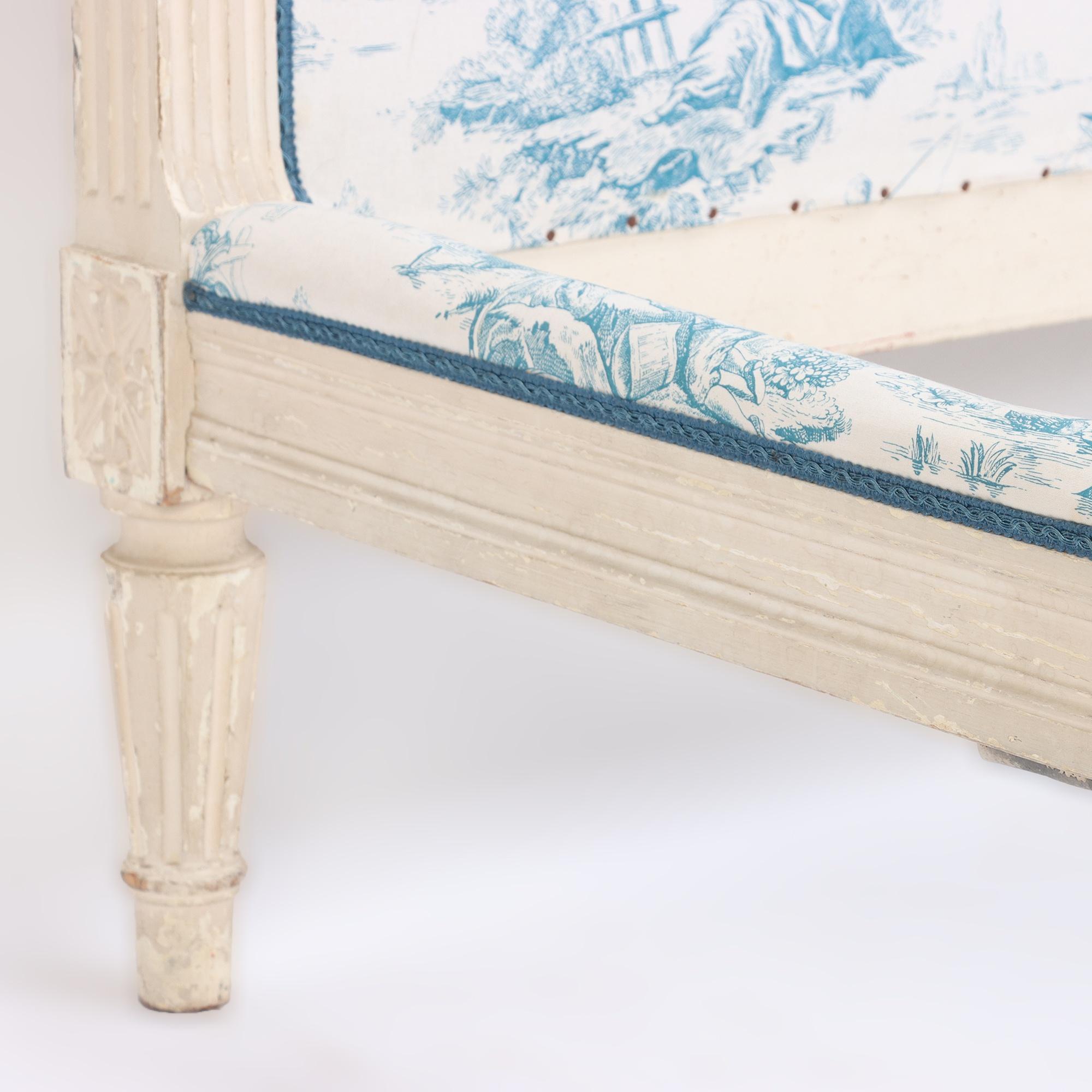 French Painted Louis XVI Style Full Size Bed with Toile Fabric, circa 1940 3