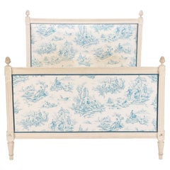 French Painted Louis XVI Style Full Size Bed with Toile Fabric, circa 1940