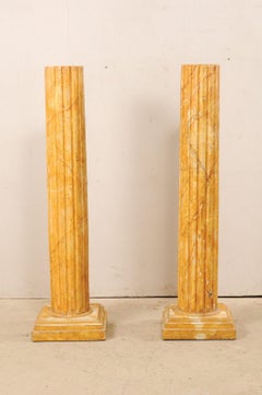 French Pair of Fluted Columns with Faux Marble Finish, Mid-20th Century