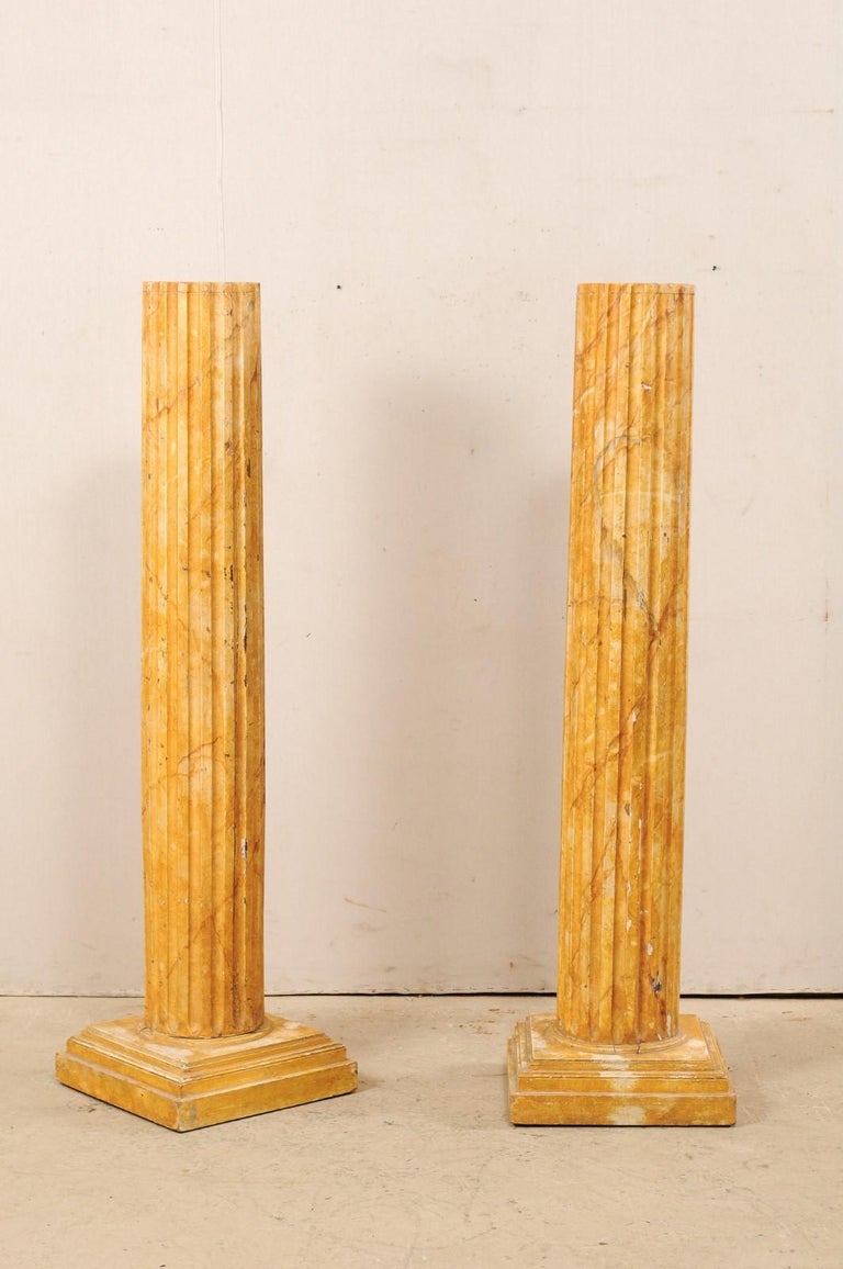 French Pair of Fluted Columns with Faux Marble Finish, Mid20th Century