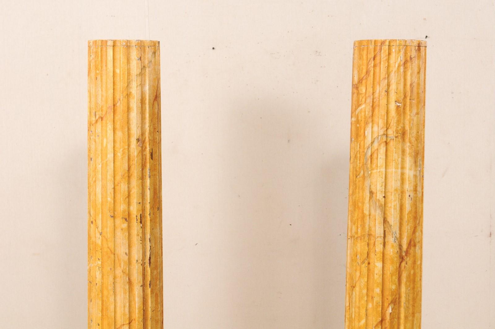 Wood French Pair of Fluted Columns with Faux Marble Finish, Mid-20th Century For Sale