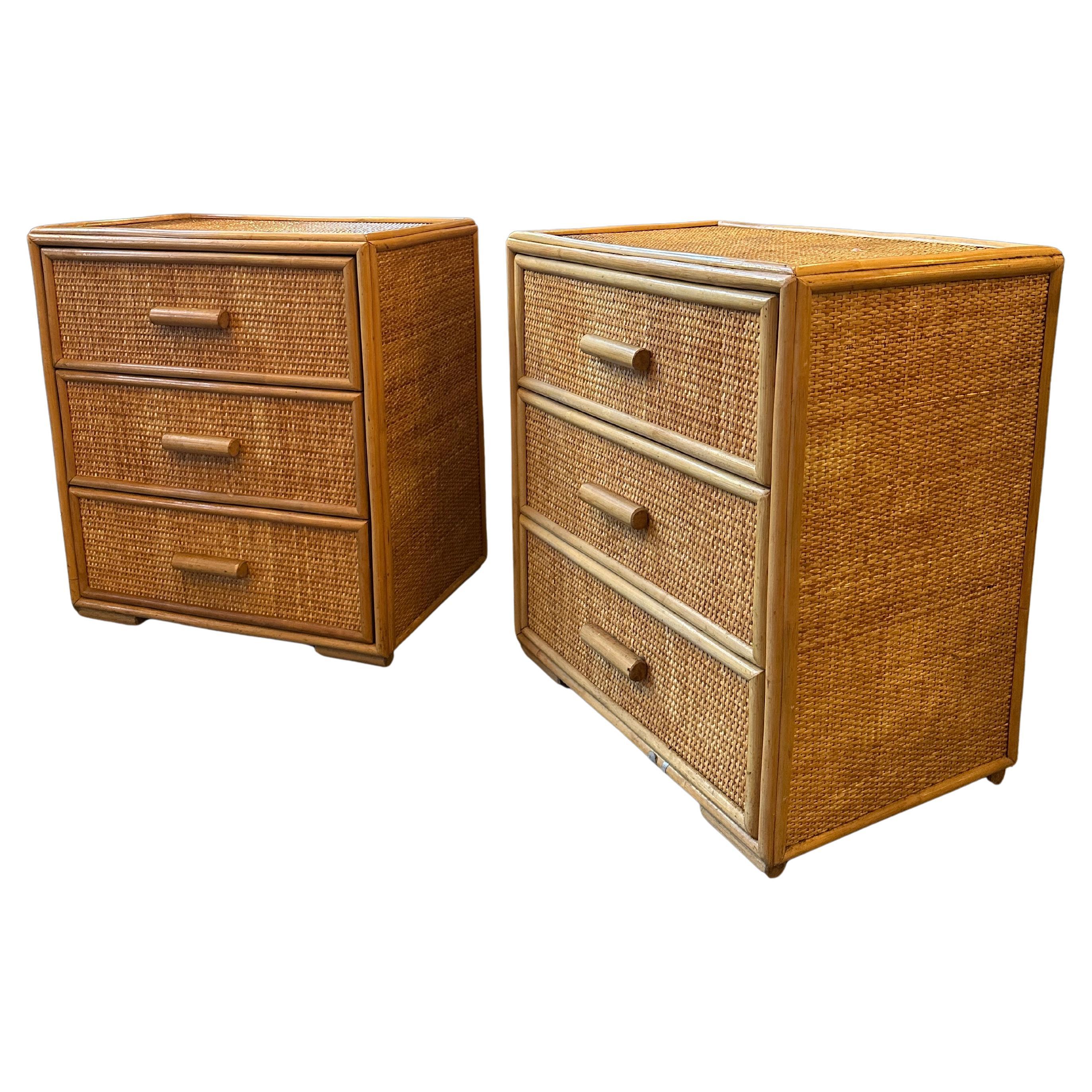 A French Pair Of Bamboo and Rattan Bedside Drawers For Sale