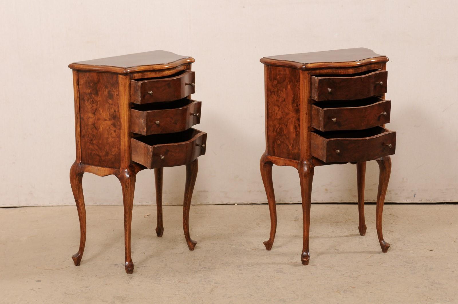 French Pair of Burl Wood 3-Drawer Serpentine Side Chests 'or End Tables' In Good Condition For Sale In Atlanta, GA