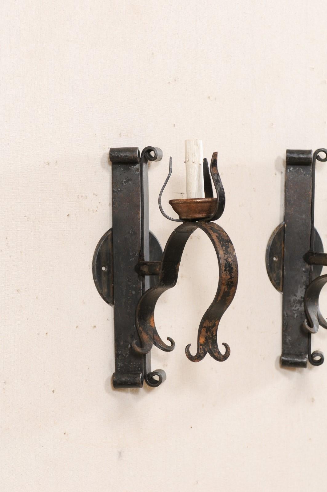 French Pair of Mid-20th Century Single Light Iron Sconces For Sale 3