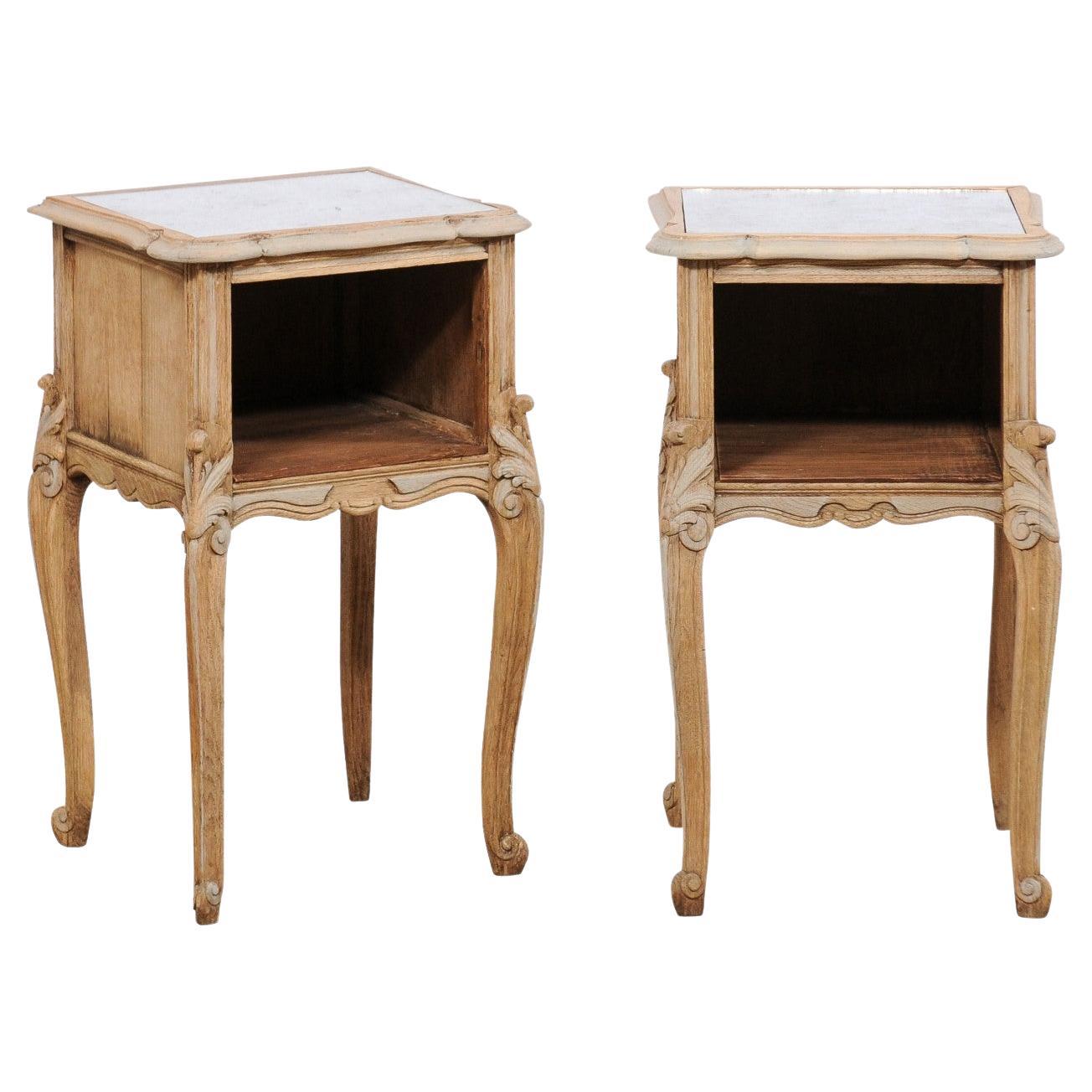 French Pair of Mirror-Top Carved-Wood End Tables, 1920's For Sale