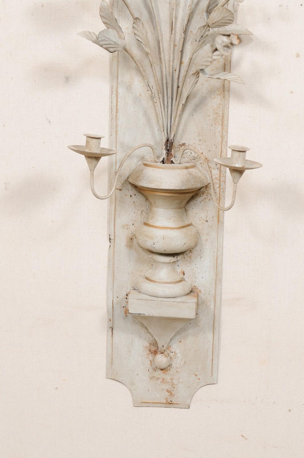 French Pair of Painted-Metal Floral Bouquet Candle Wall Sconces 6