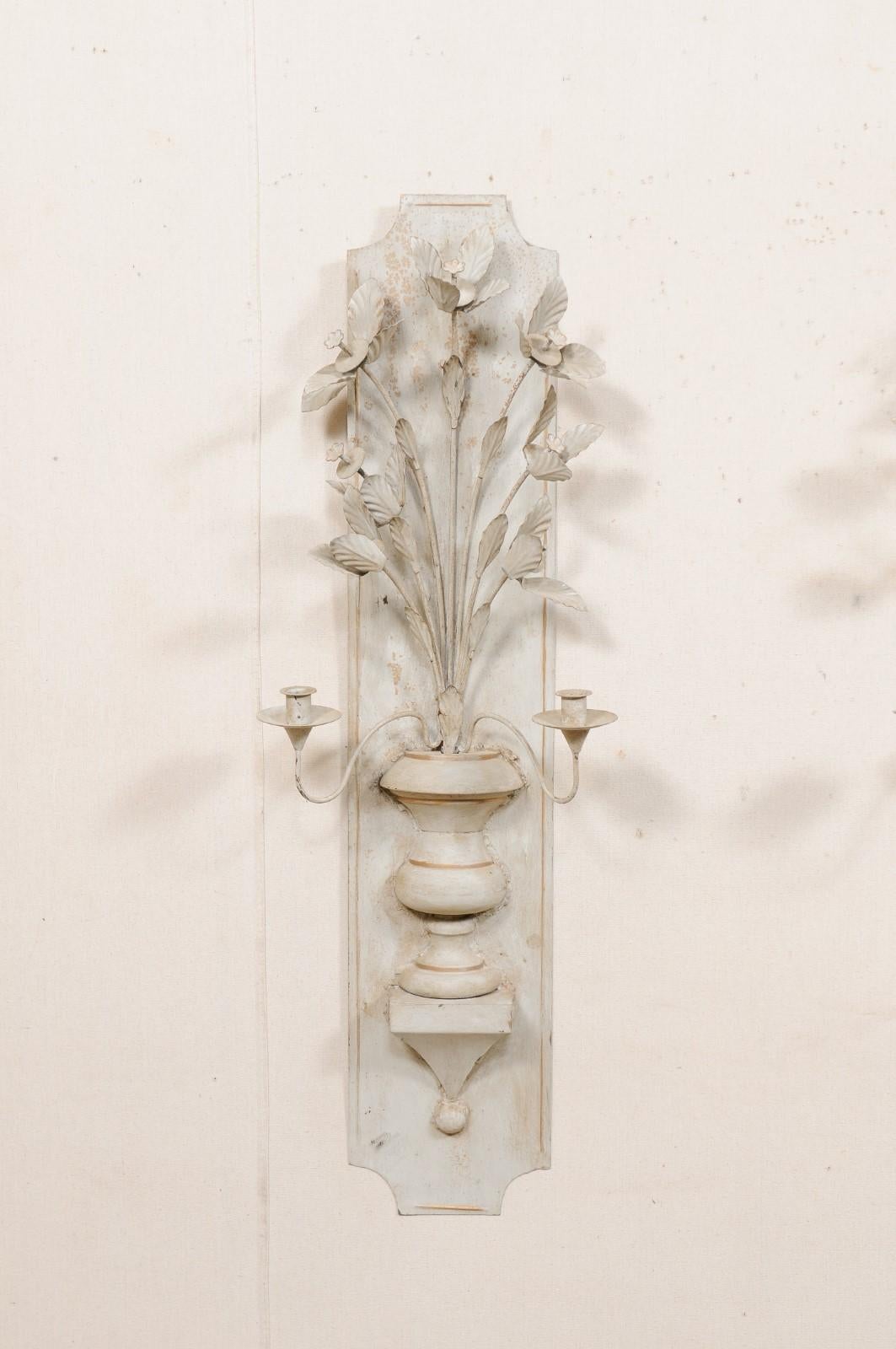 French Pair of Painted-Metal Floral Bouquet Candle Wall Sconces In Good Condition In Atlanta, GA