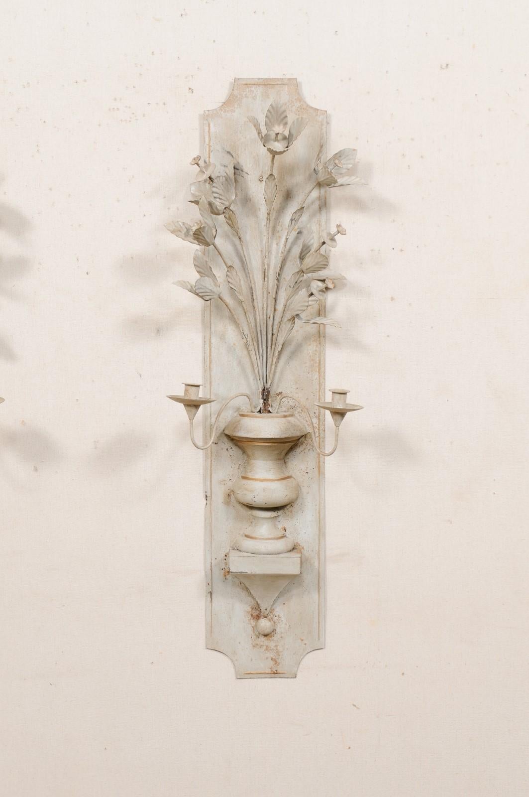 20th Century French Pair of Painted-Metal Floral Bouquet Candle Wall Sconces