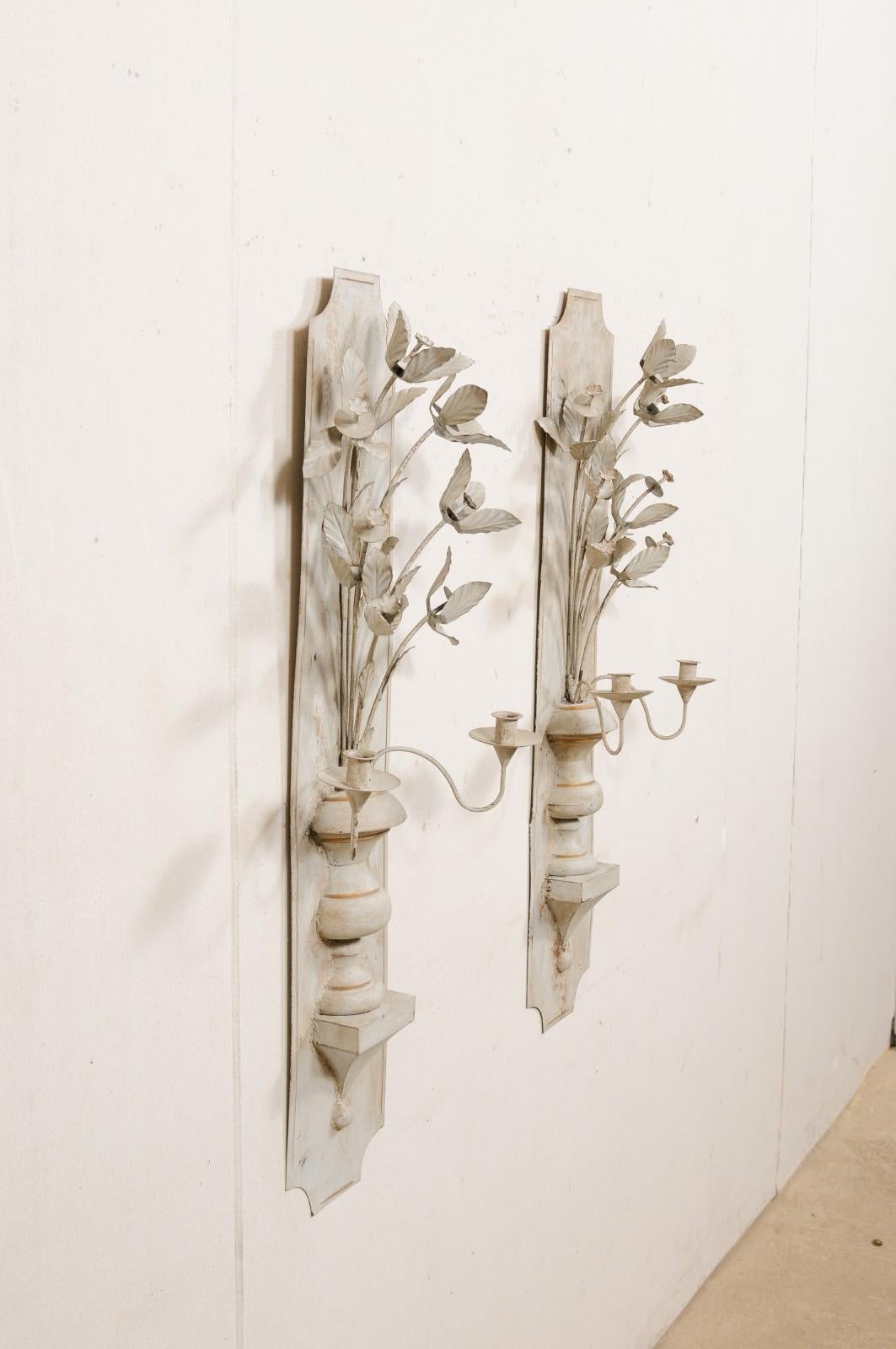 French Pair of Painted-Metal Floral Bouquet Candle Wall Sconces 2