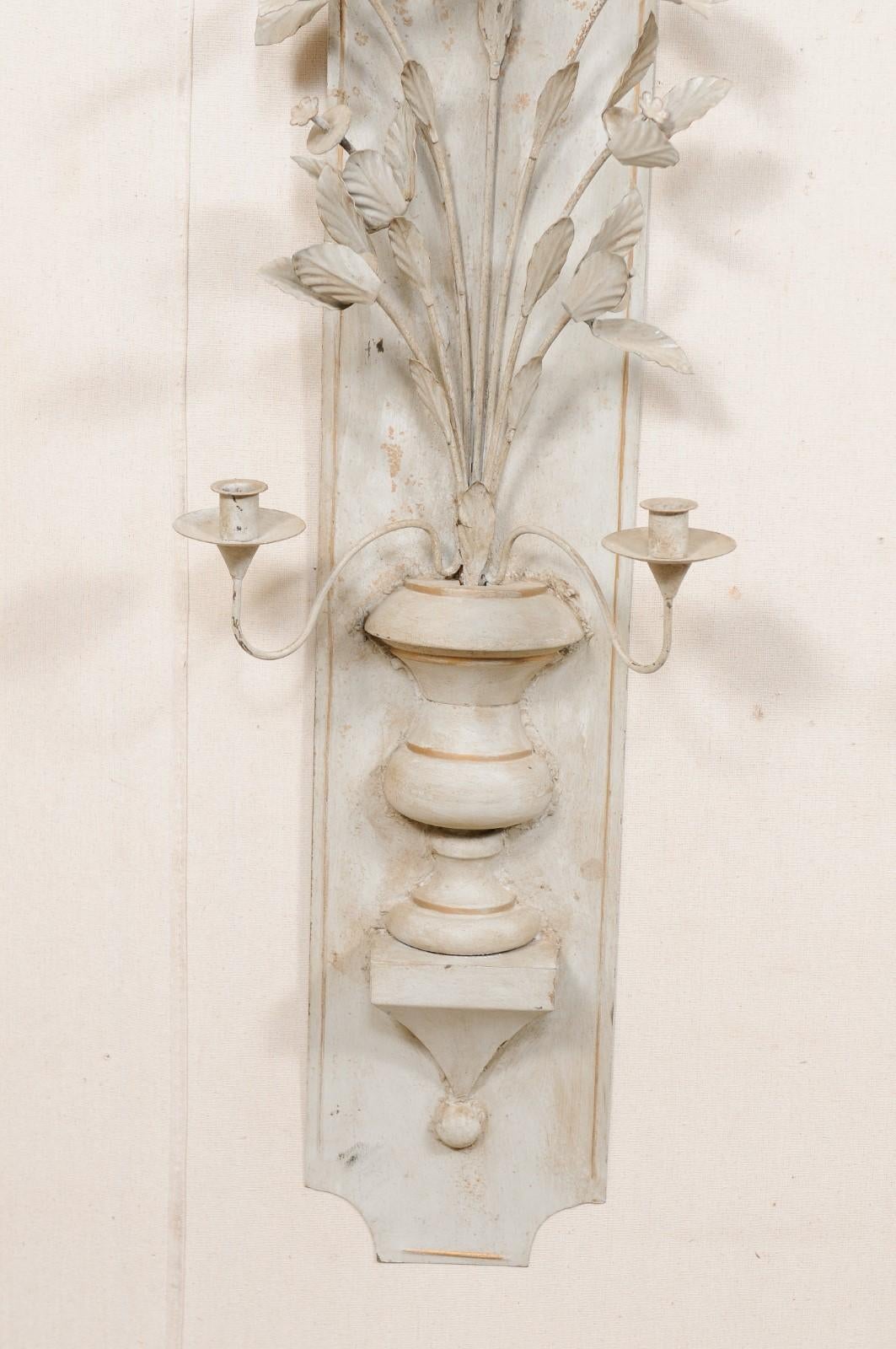 French Pair of Painted-Metal Floral Bouquet Candle Wall Sconces 4