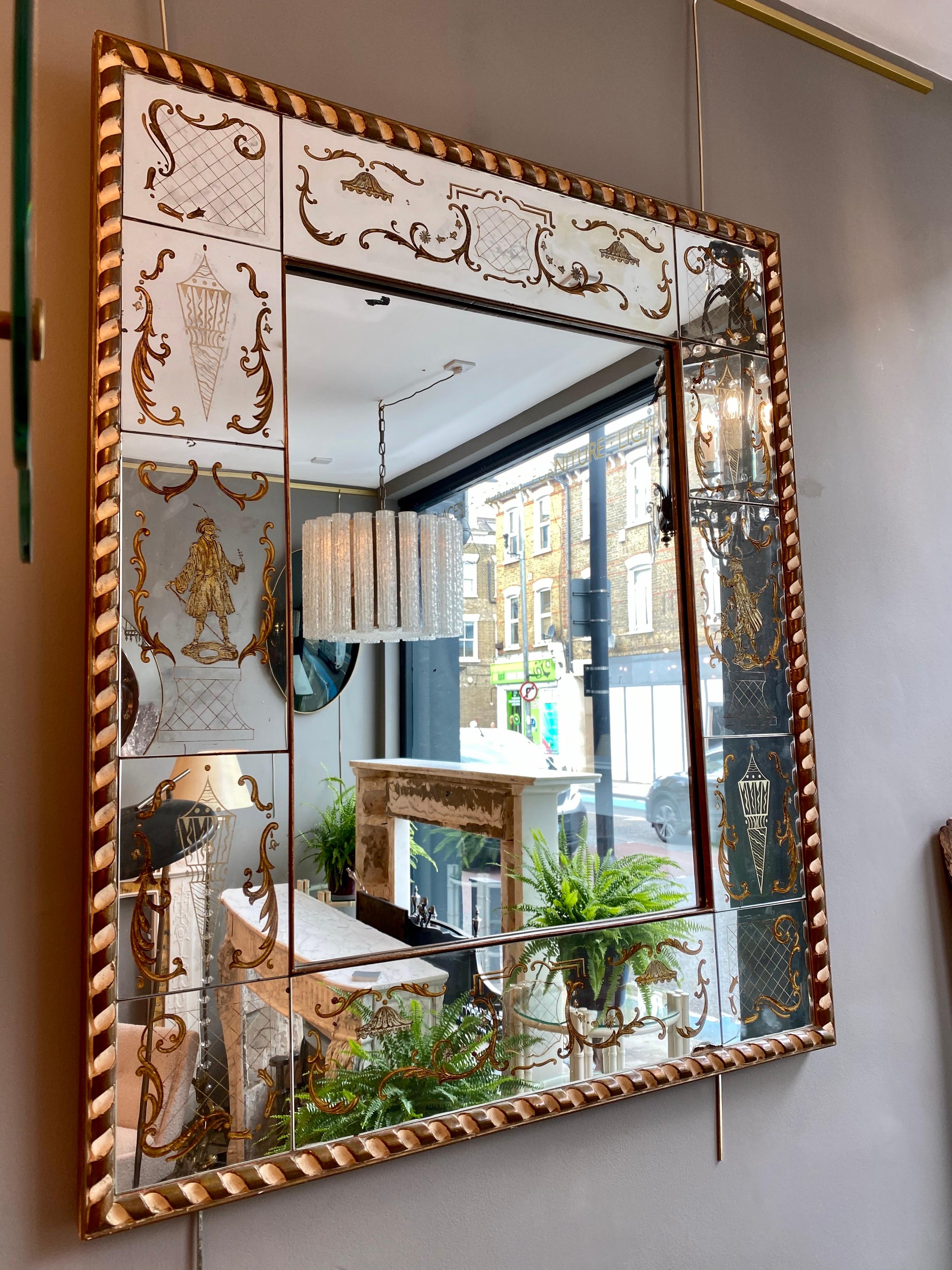 French Panelled Venetian Themed Gilt Églomisé Mirror 1