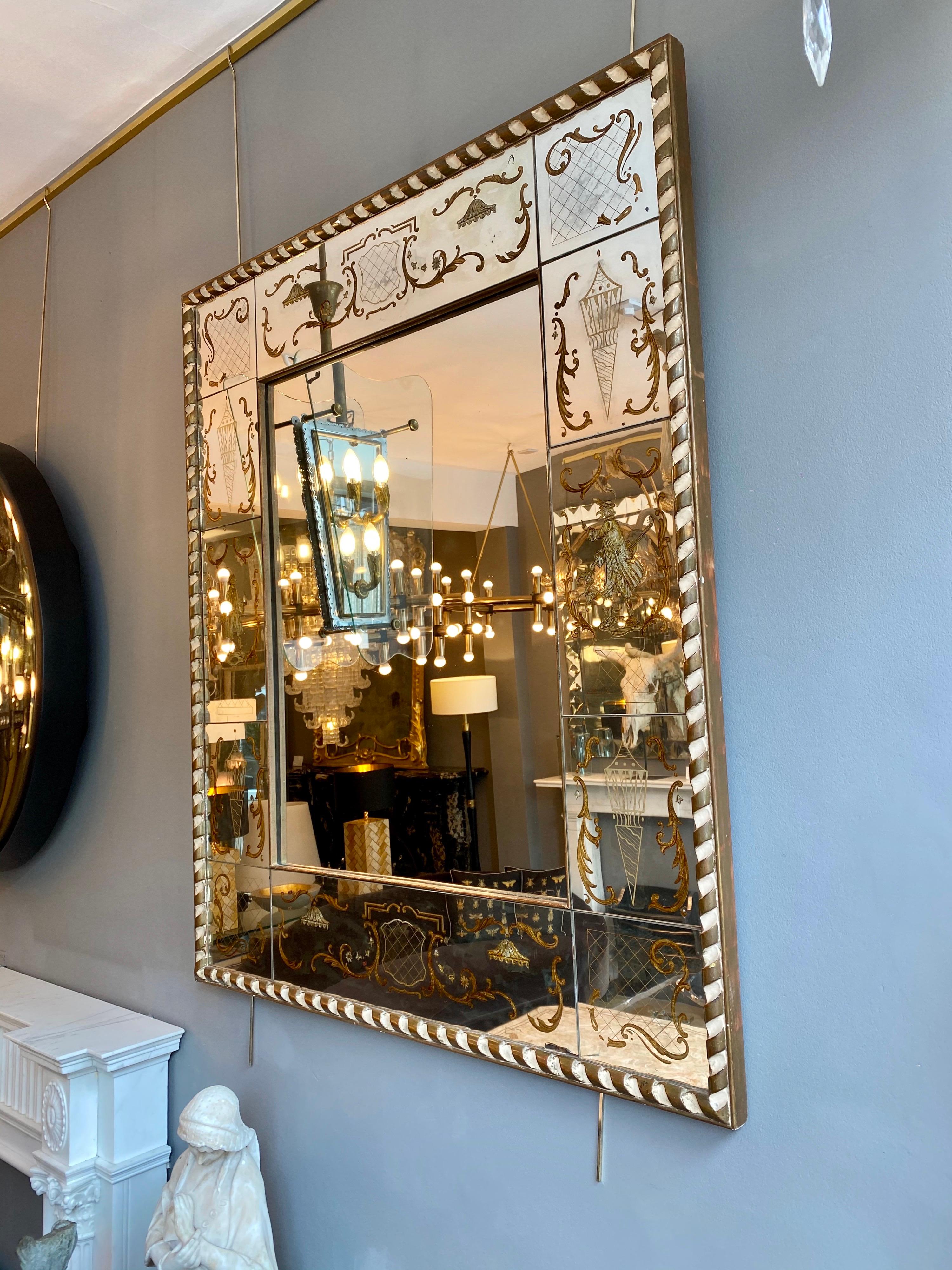 French Panelled Venetian Themed Gilt Églomisé Mirror 3