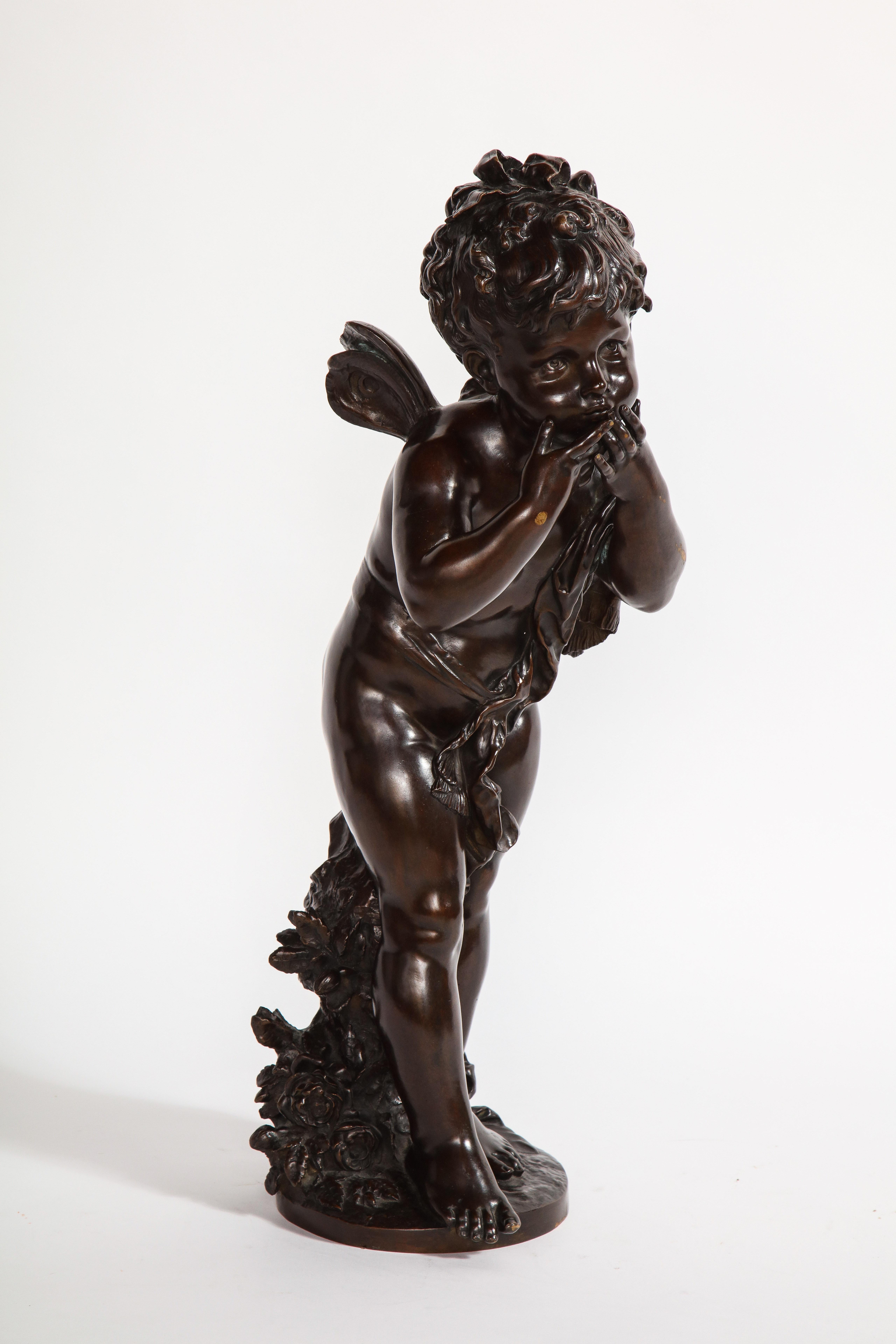 Französische patinierte Bronzeskulptur Cherub:: signiert von Auguste Moreau (Louis XVI.) im Angebot
