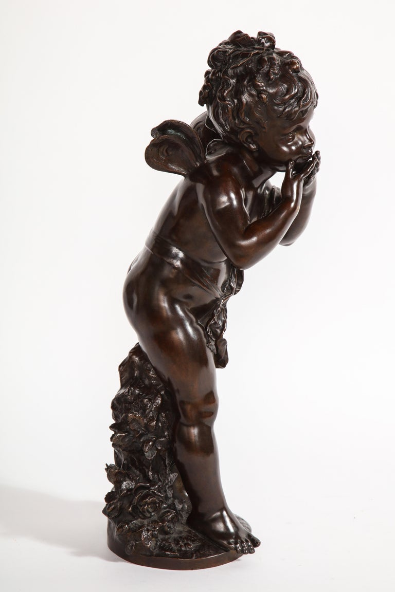 French Patinated Bronze Cherub Sculpture, Signed by Auguste Moreau In Good Condition For Sale In New York, NY
