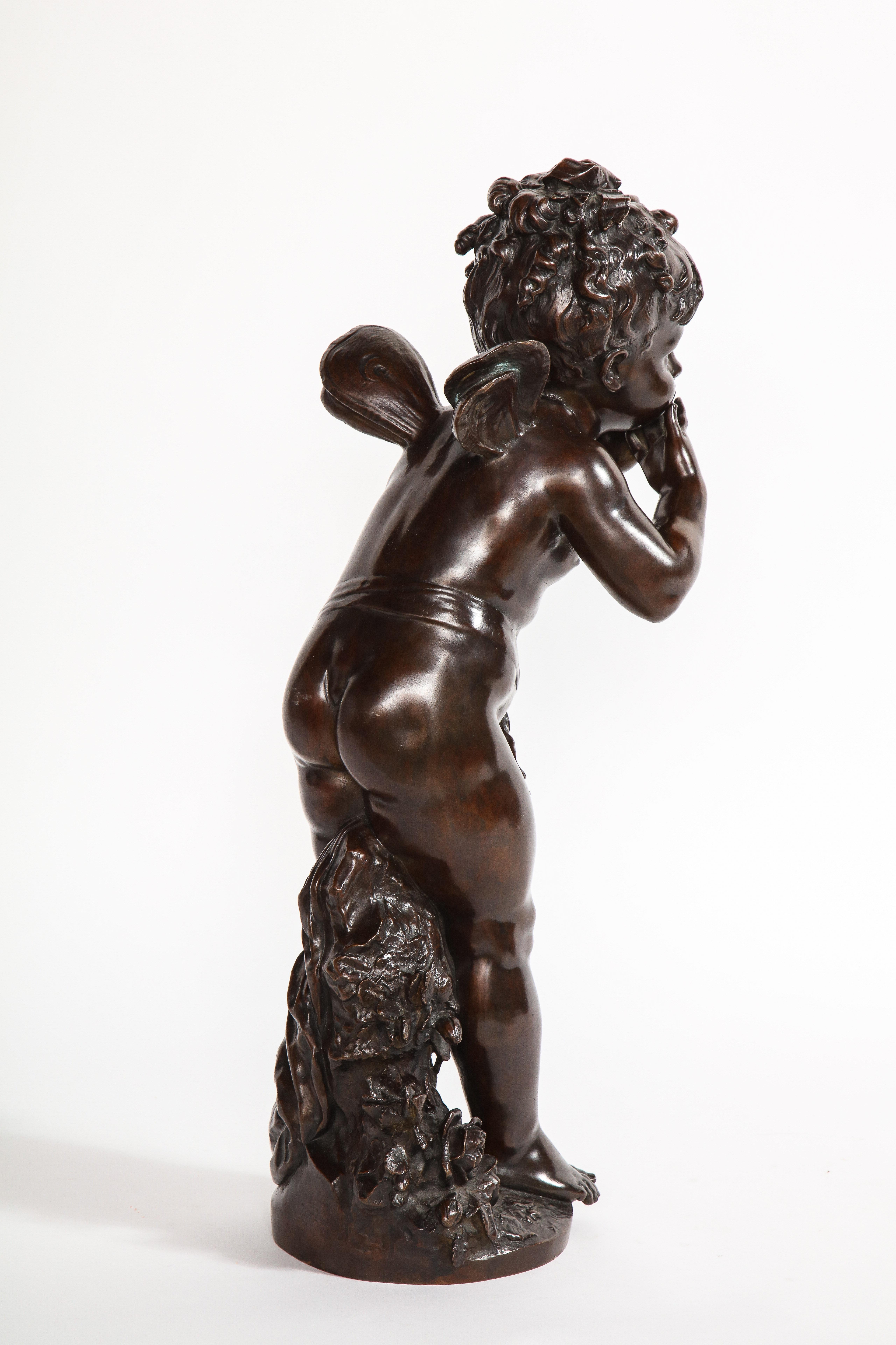 Französische patinierte Bronzeskulptur Cherub:: signiert von Auguste Moreau im Zustand „Gut“ im Angebot in New York, NY