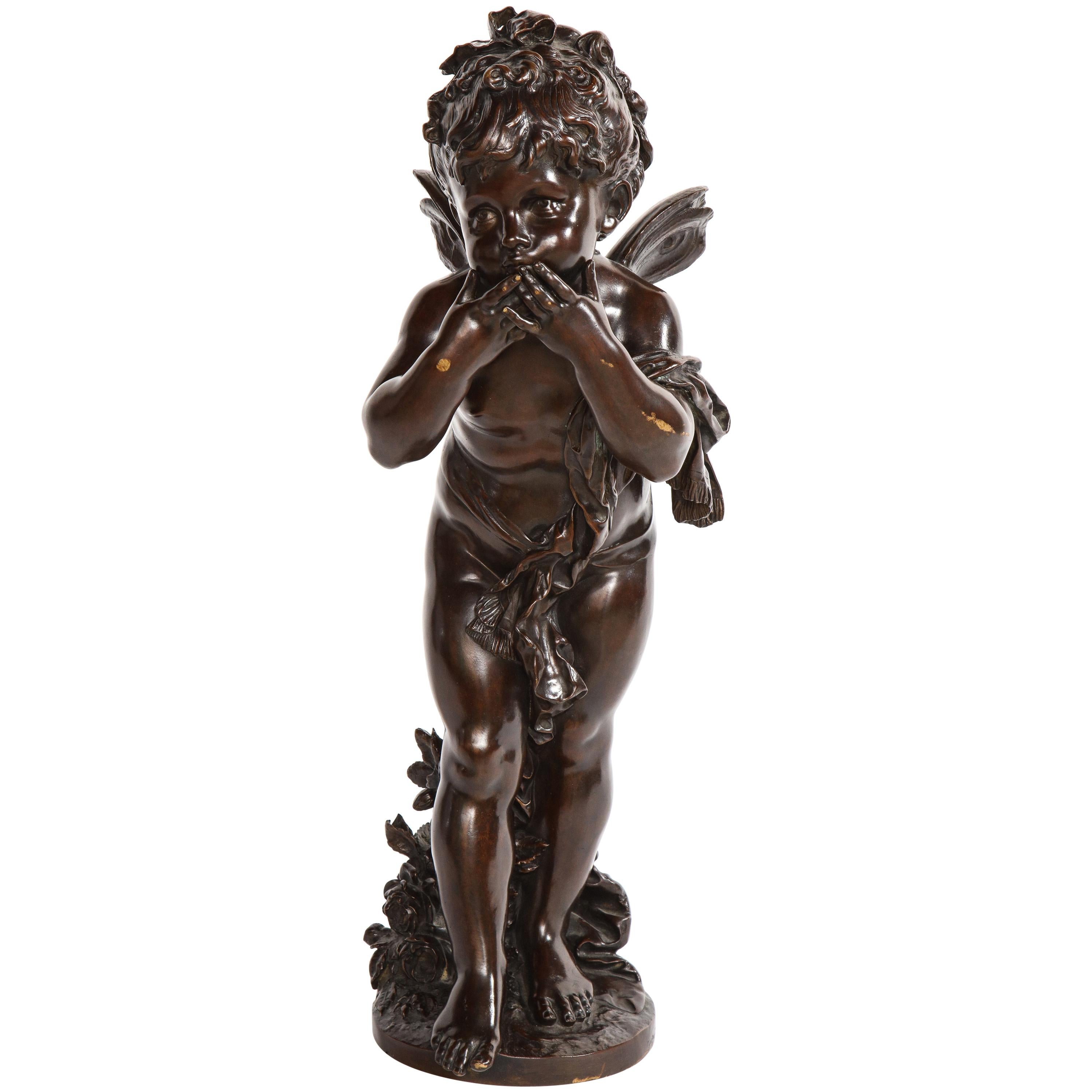 French Patinated Bronze Cherub Sculpture, Signed by Auguste Moreau
